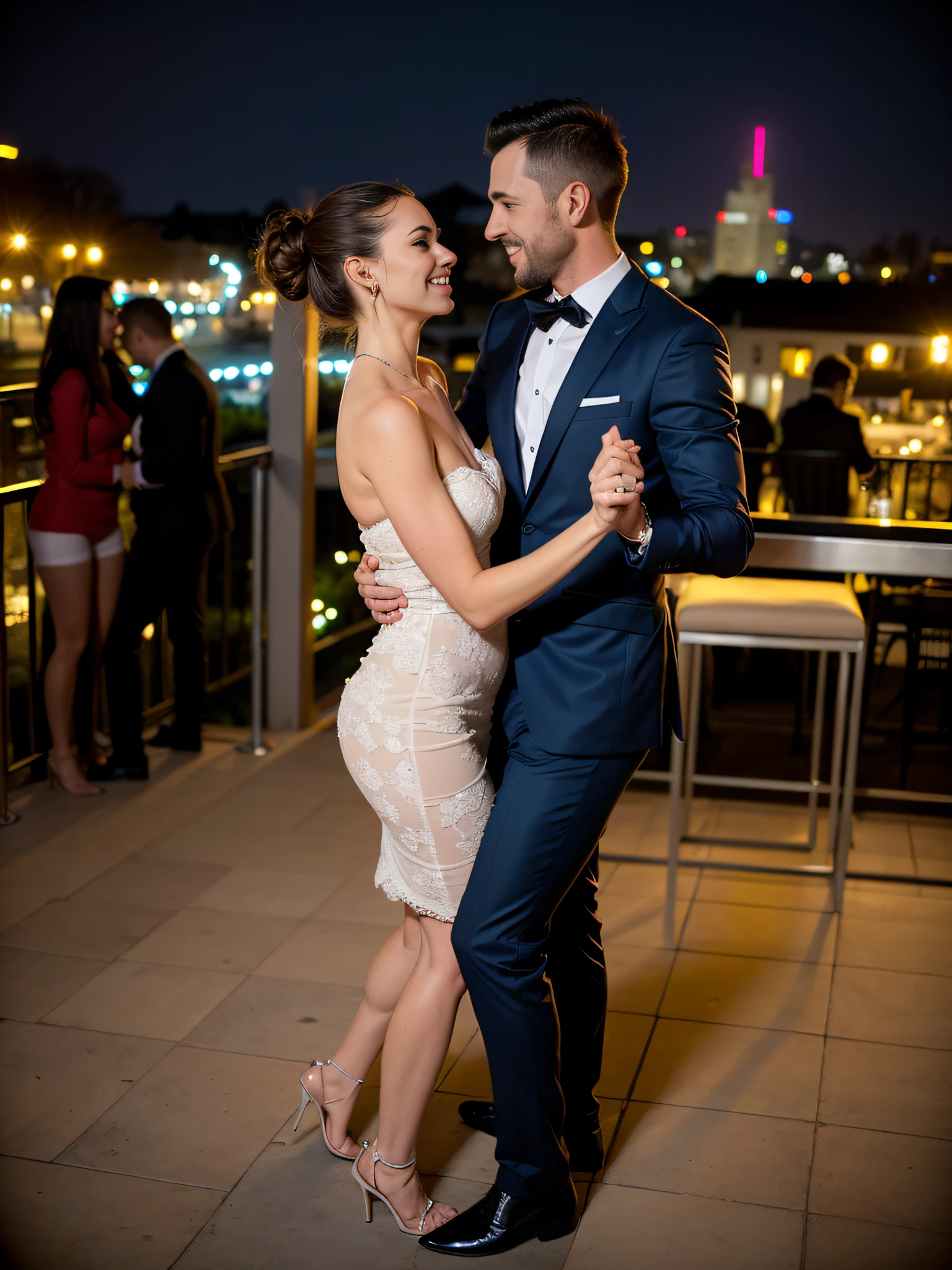 un couple danse la salsa, Club Night, outside, paysage mer et cocotier, terrasse