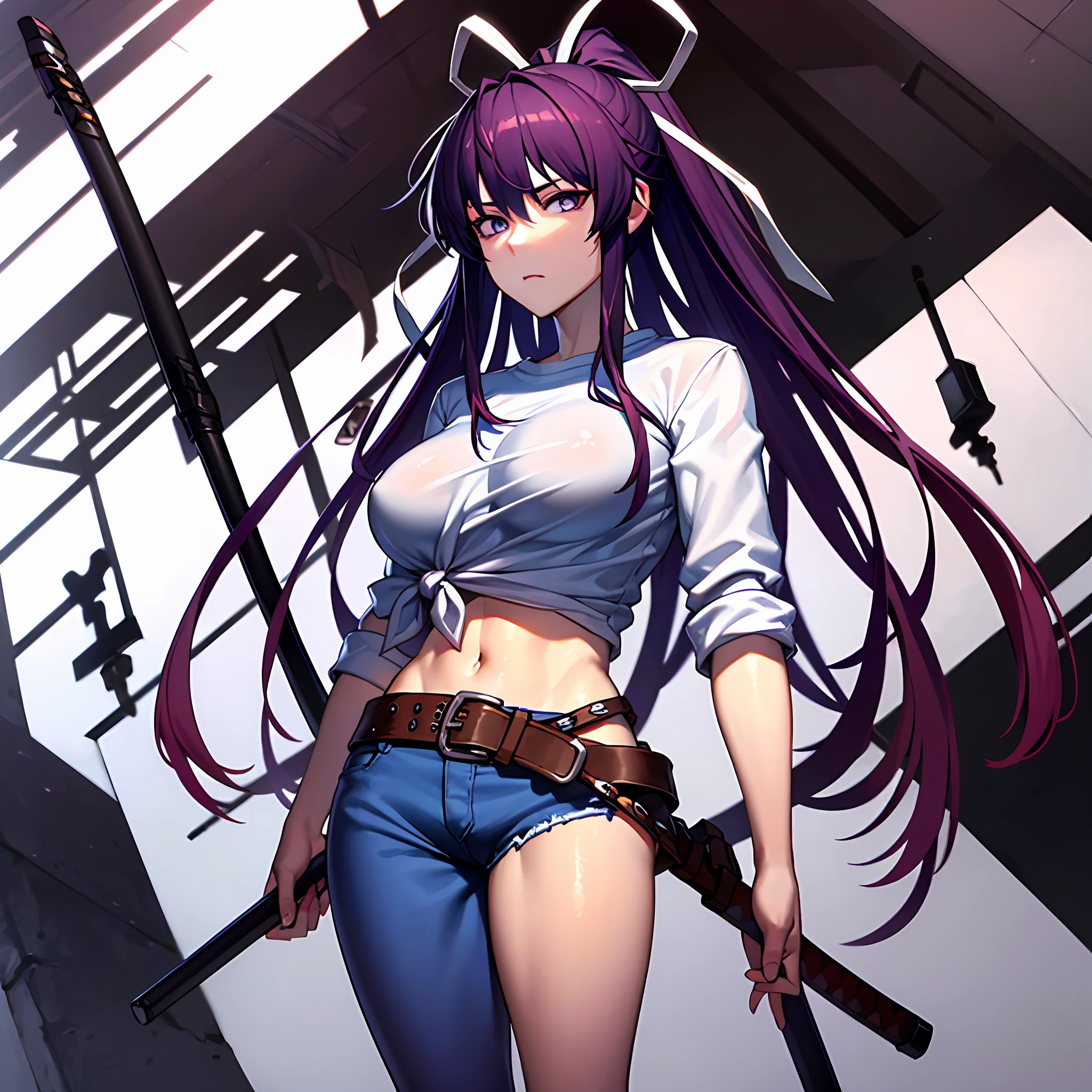 巨作, 最好质量, Hi-Res, kaori1, 1girl in, 独奏, sheathed, Asymmetrical clothing, navels, purple colored eyes, extra very long hair, Tied shirt, Midriff, Hair ribbon, Single pants legs, Camisa blanca, poneyTail, black har,, JINS, White ribbon, brown belt, purple color  hair, Asymmetrical leg blades, cow-boy shot　cool expression　With a scabbard　exteriors