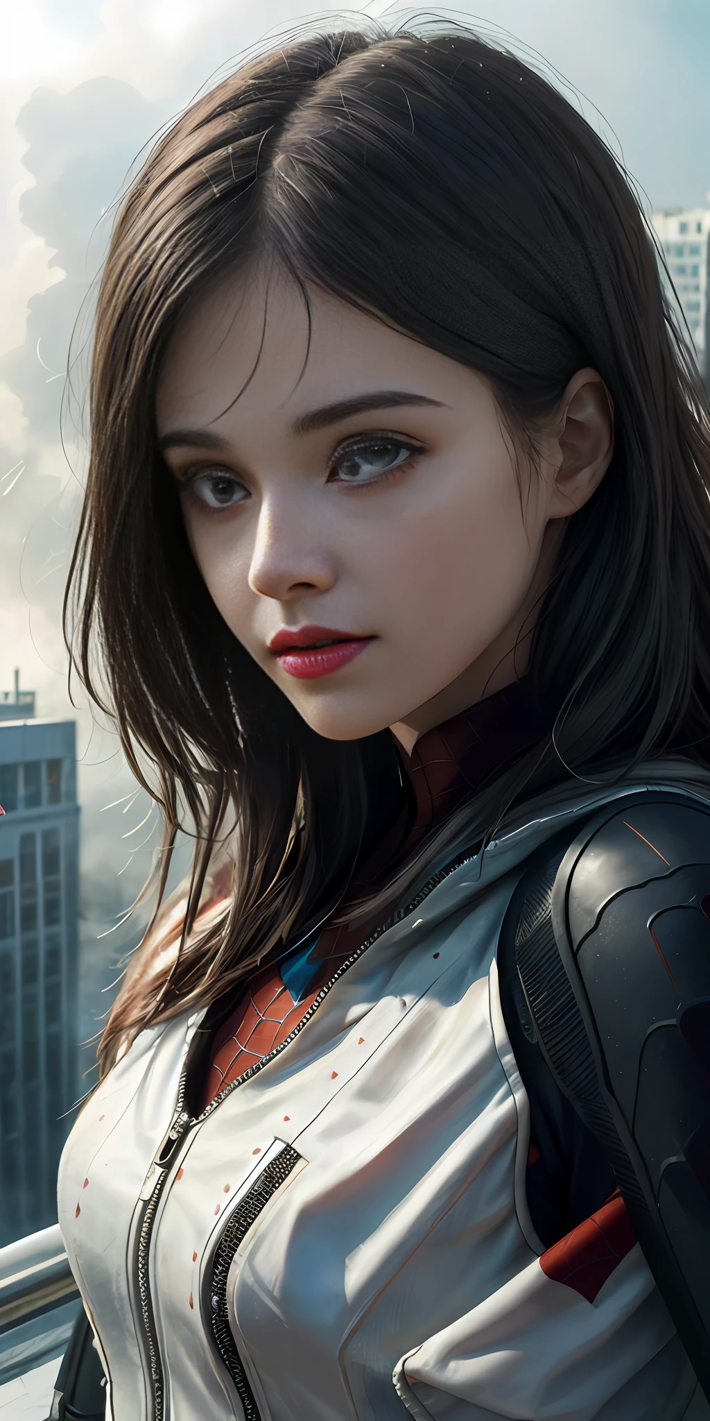 (1girl:1.3), Solo, (((Very detailed face)))), ((Very detailed eyes and face)))), Beautiful detail eyes, Body parts__, Official art, Unified 8k wallpaper, Super detailed, beautiful and beautiful, beautiful, masterpiece, best quality, original, masterpiece, super fine photo, best quality, super high resolution, realistic realism, sunlight, full body portrait, amazing beauty, dynamic pose, delicate face, vibrant eyes, (from the front), She wears Spider-Man suit, red and black color scheme, spider, very detailed city roof background, rooftop, overlooking the city, detailed face, detailed complex busy background, messy, gorgeous, milky white, highly detailed skin, realistic skin details, visible pores, clear focus, volumetric fog, 8k uhd, DSLR, high quality, film grain, fair skin, photo realism, lomography, futuristic dystopian megalopolis, translucent