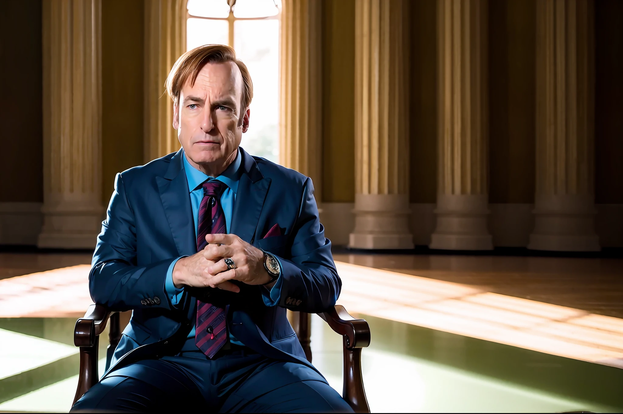 (8k, RAW photo, best quality, masterpiece:1.2), (realistic, photo-realistic:1.37), man, sitting on the throne , wide shot, indoor, very formal, suit and tie, male_focus, ( (looking at viewer,contemptuous, looking down):1.2), merciless, light on face,with blood on his hands, wide shot, camera from below, simple background, dark, Saul,