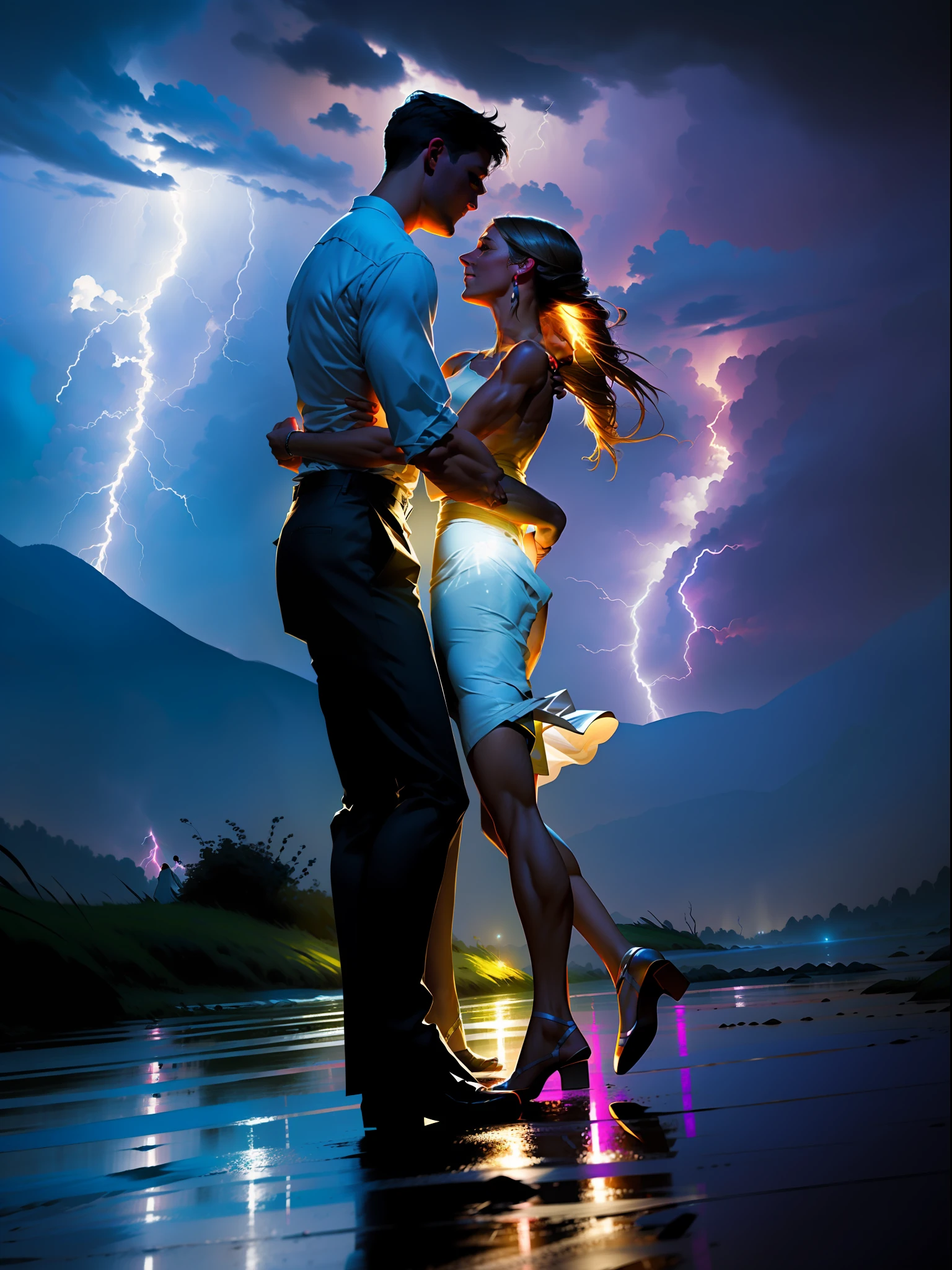 Couple dancing in a lightning storm, soft lighting, concept art