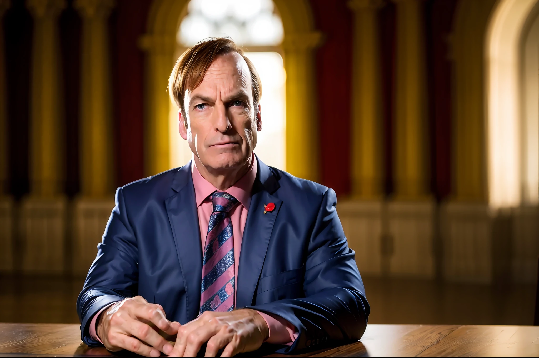 (8k, RAW photo, best quality, masterpiece:1.2), (realistic, photo-realistic:1.37), man, sitting on the throne , wide shot, indoor, very formal, suit and tie, male_focus, ( (looking at viewer,contemptuous, looking down):1.2), merciless, light on face,with blood on his hands, wide shot, camera from below, simple background, dark, Saul,