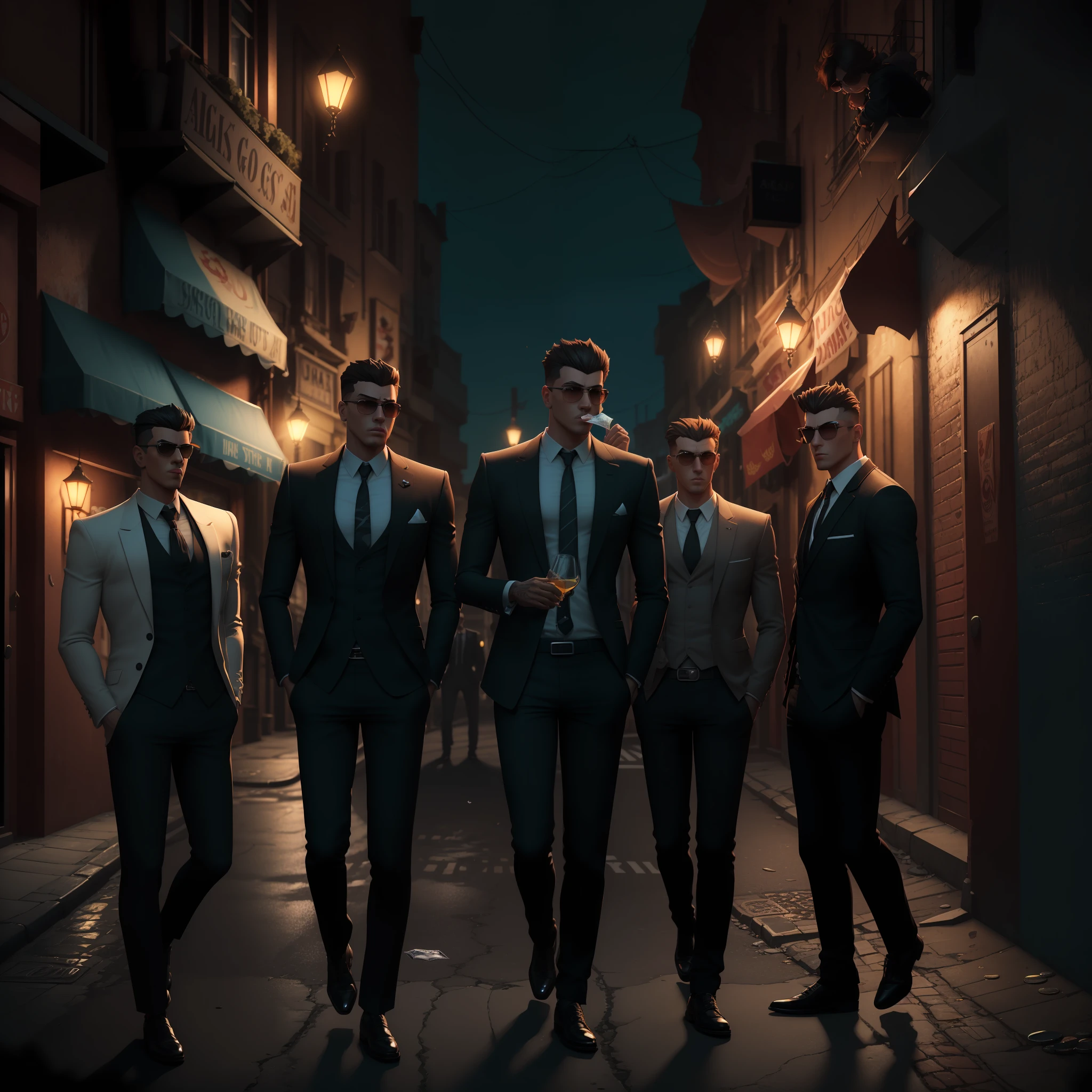 Create a 3D animated image depicting three stylish young gangsters. Um deles deve estar com um charuto na boca, another holding a glass and the last holding money. It is important to emphasize a scenario of a dark street, but sharp, with women positioned on the hoods of parked cars. --auto