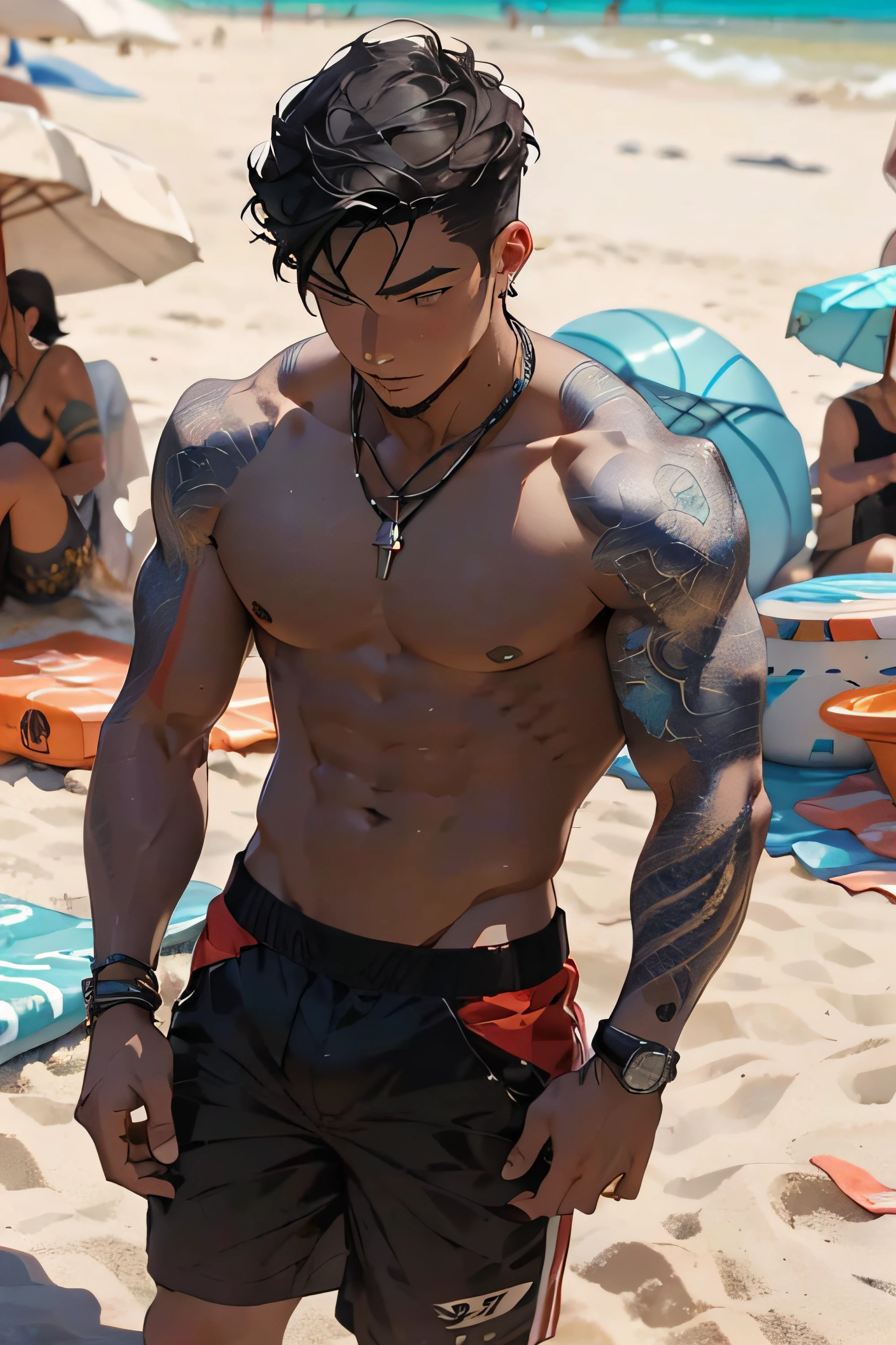 Realistic, (masterpiece, top quality, best quality, official art), very detailed, colorful, most detailed, gods, short hair, black hair, handsome man, sea, necklace, beach, pectorals, abs, beach pants