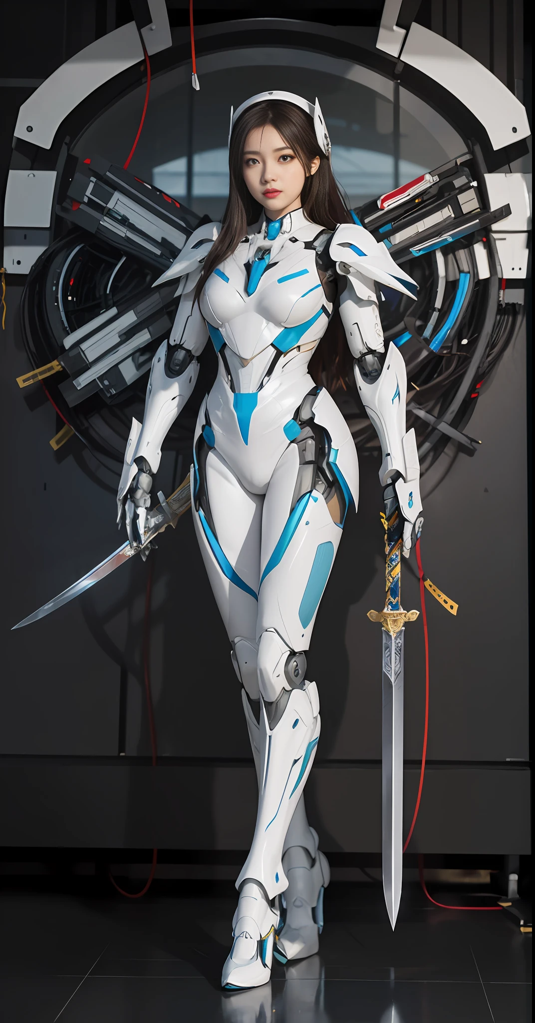 arafed woman in a futuristic suit holding a sword and a sword, girl in mecha cyber armor, of a beautiful female warframe, symetry! futuristic robotic, Mechanized Valkyrie girl, in white futuristic armor, porcelain cyborg armor, anime robotic mixed with organic, female mecha, glossy white armor, cyborg goddess in cosmos, broken beautiful female android!, porcelain cyborg