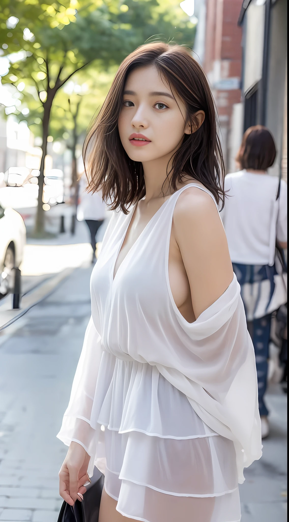 ((Best Quality, 8K, Masterpiece:1.3)), Focus: 1.2, Perfect Body Beauty: 1.4, Buttocks: 1.2, ((Layered Haircut, Breasts: 1.2)), (Wet Clothes: 1.1) , (Rain, Street:1.3), Bandeau Dress: 1.1, Highly Detailed Face and Skin Texture, Delicate Eyes, Double Eyelids, Whitened Skin, Long Hair