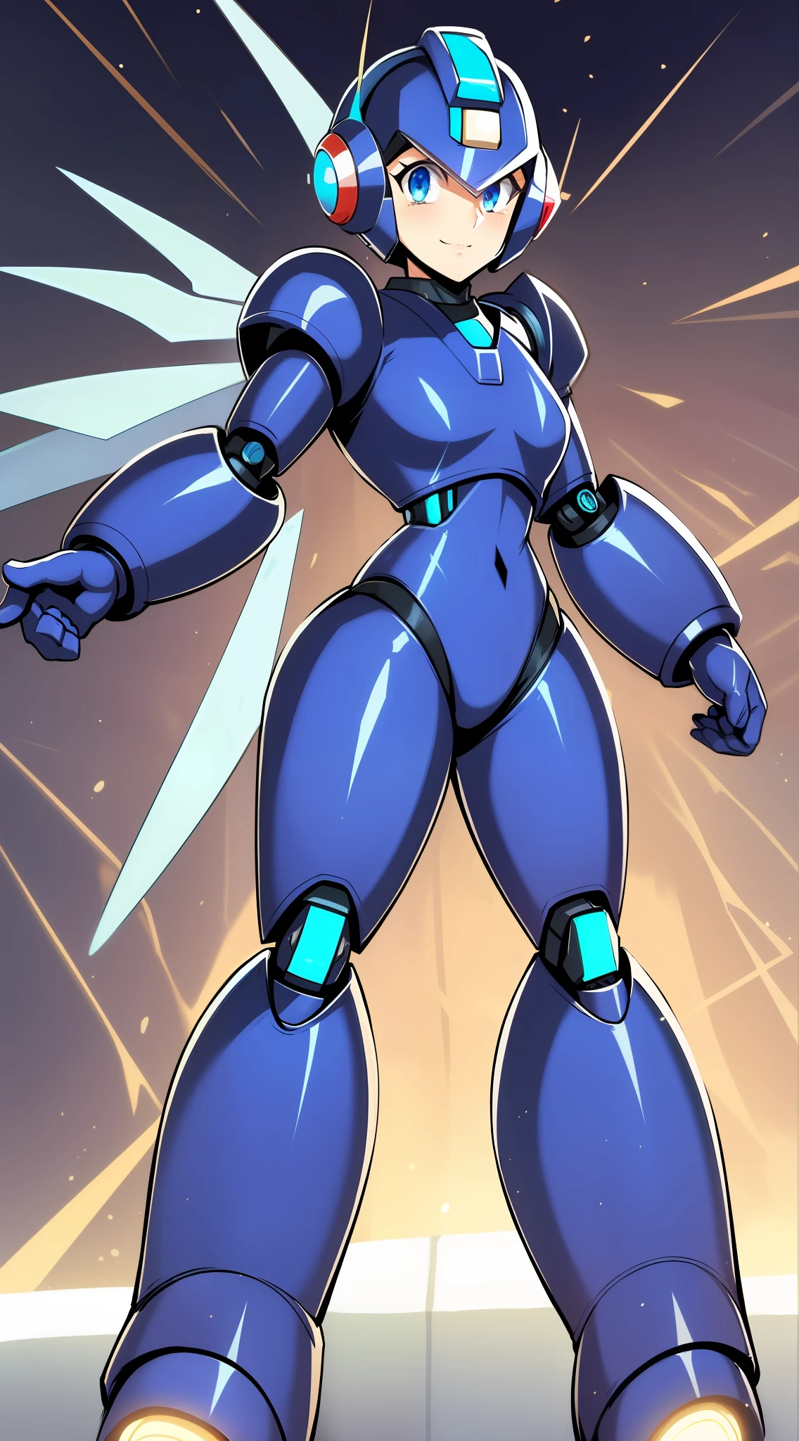 Female megaman, reploid armor, megaman X female, heavy reploid armor, heavy cybernetic armor torso, wearing large cybernetic visor