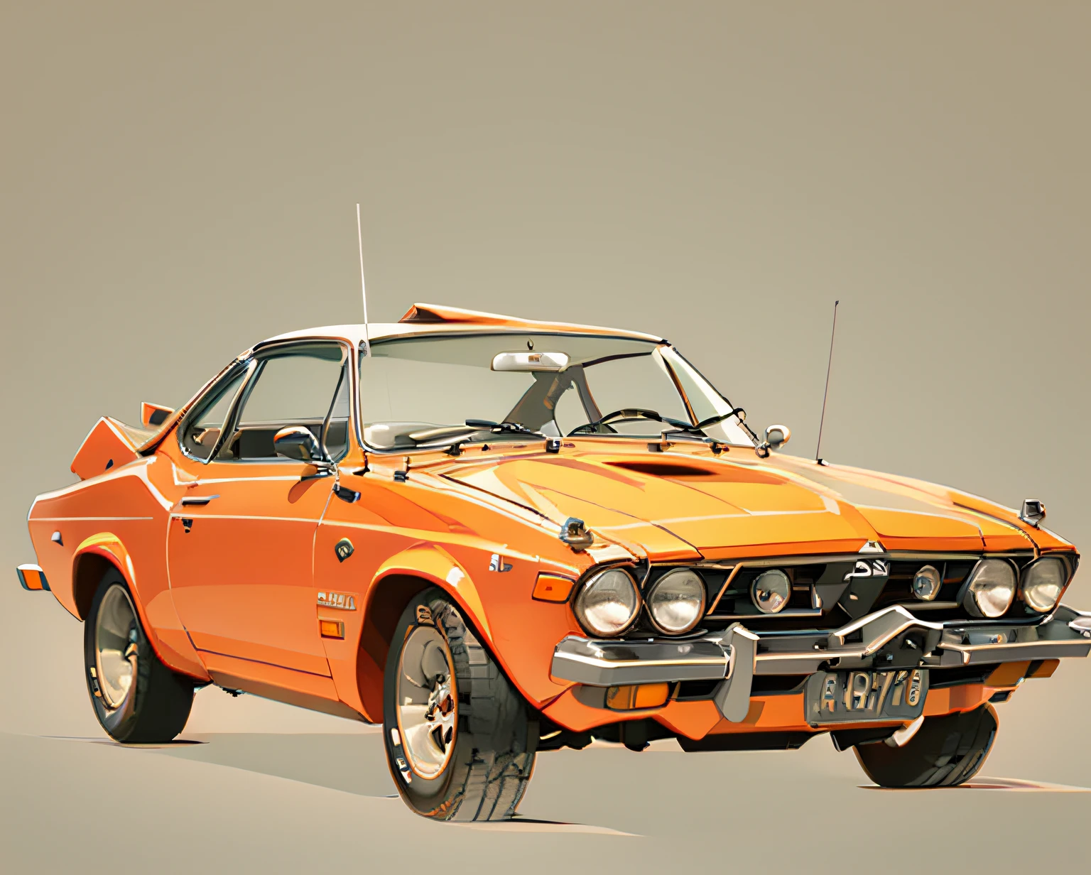 car Datsun 150-j of the year 1975 orange color, con tabla de surf en la parte superior, Highly detailed illustration.", vehicle illustration, cartoon style illustration, estilo de dibujos animados, HD Illustration, ultra-detailed illustration, vector illustration, Hiper real altamente detallado, Highly detailed illustration, high detail illustration, retro illustration, Caricatura altamente detallada, artistic illustration, Arte vectorial altamente detallado, a beautiful art illustration