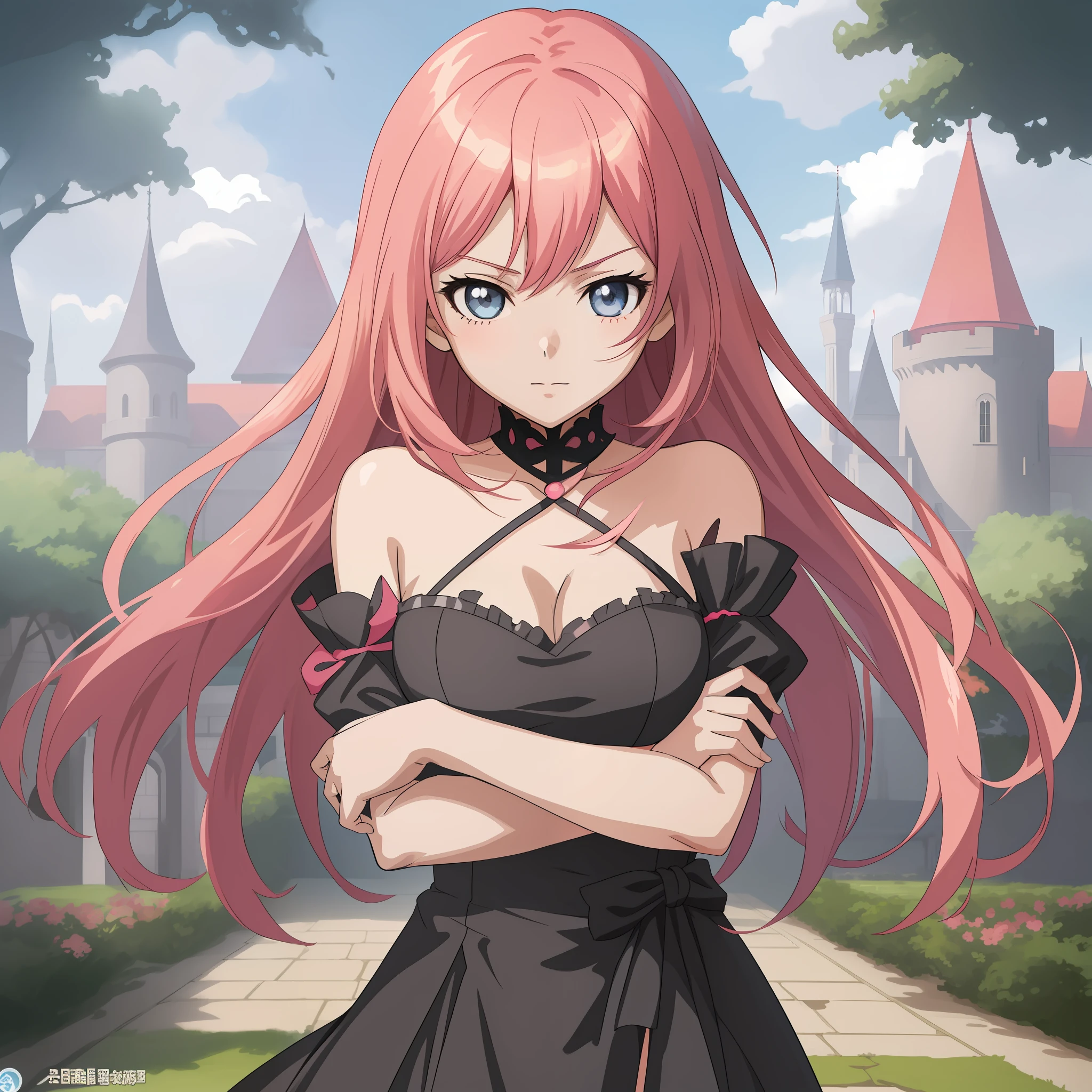 anime girl with pink hair and black dress posing in front of a castle, cushart krenz key art feminine, seductive anime girl, anime moe artstyle, anime girl wearing a black dress, marin kitagawa fanart, cute anime waifu in a nice dress, anime visual of a cute girl,  in dress, from girls frontline, anime girl with long hair