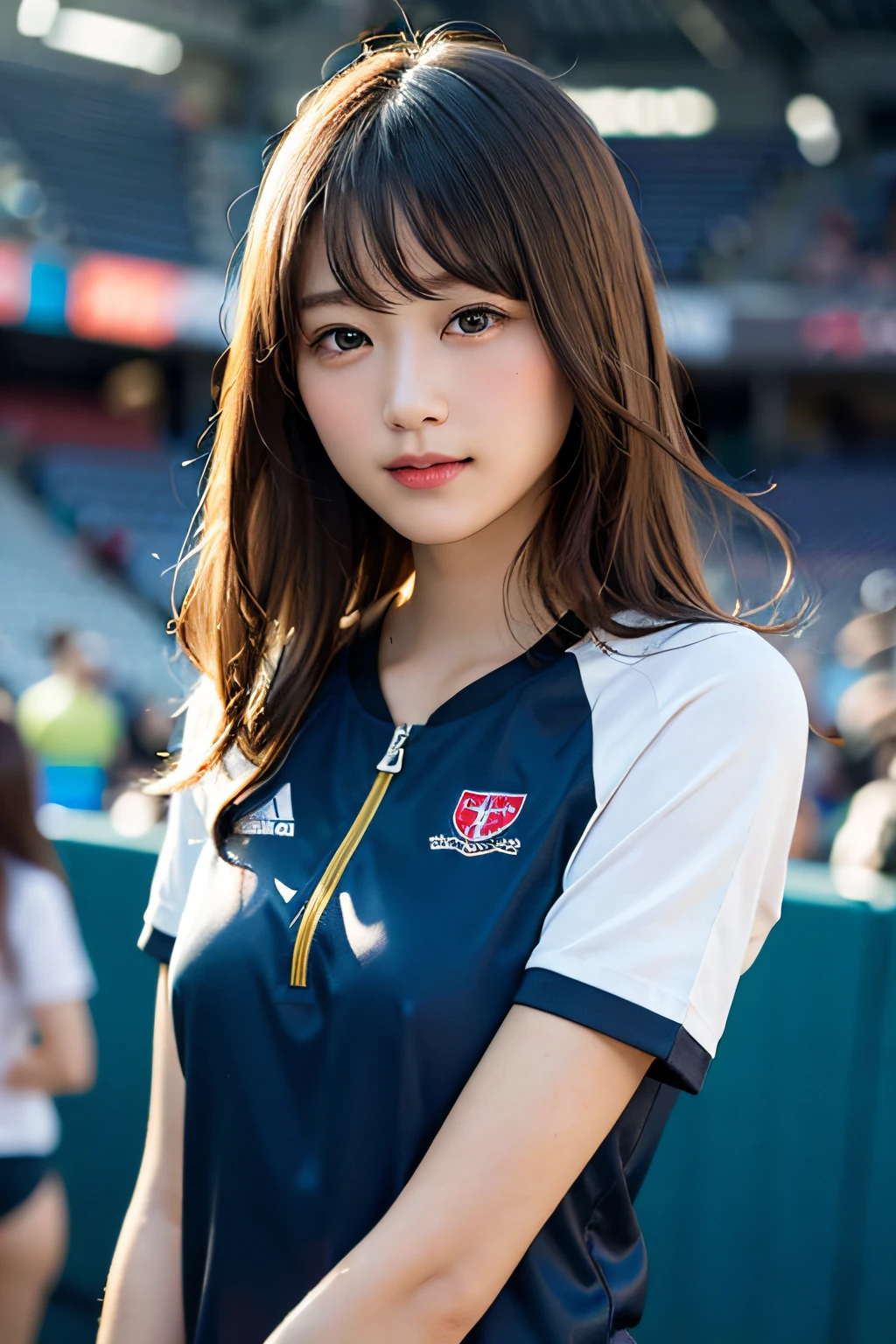 (8K、Raw photography、最好质量、巨作:1.2)、(realisitic、photoreallistic:1.37)、ultra hyper-detailed、ultra-high-resolution、女の子1人、see the beholder、beautiful  detailed face、a smile、Constriction、(Slim waist) :1.3)、shirts、Beautiful detailed skin、Skin texture、Floating hair、Professional lighting、Whole human body、Longhaire、a blond、Women's Marathon Uniforms、Athletics Stadium