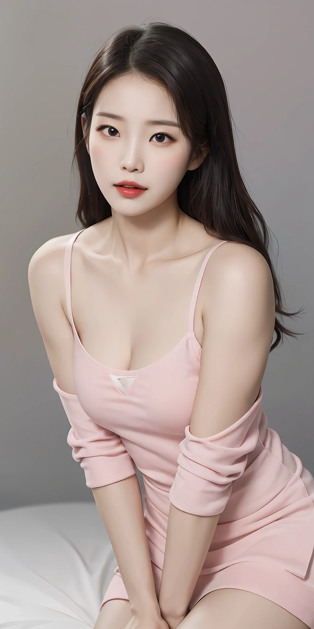A sexy and charming Korean woman, elegant and intellectual, confident and generous, exquisite and beautiful face, delicate collarbone, charming shoulders, orange sweatshirt, gray pleated short skirt, full body photo, body facing forward, absolutely beautiful and delicate face, pink lips, fragrant shoulders slightly exposed, chest looming, focus on the face, seductive delicate collarbone, ultra-high resolution, skin supple and smooth, very realistic details, simple background, ultra-high-definition, outstanding details, 8K, face blush, attractive collarbone, sexy shoulders