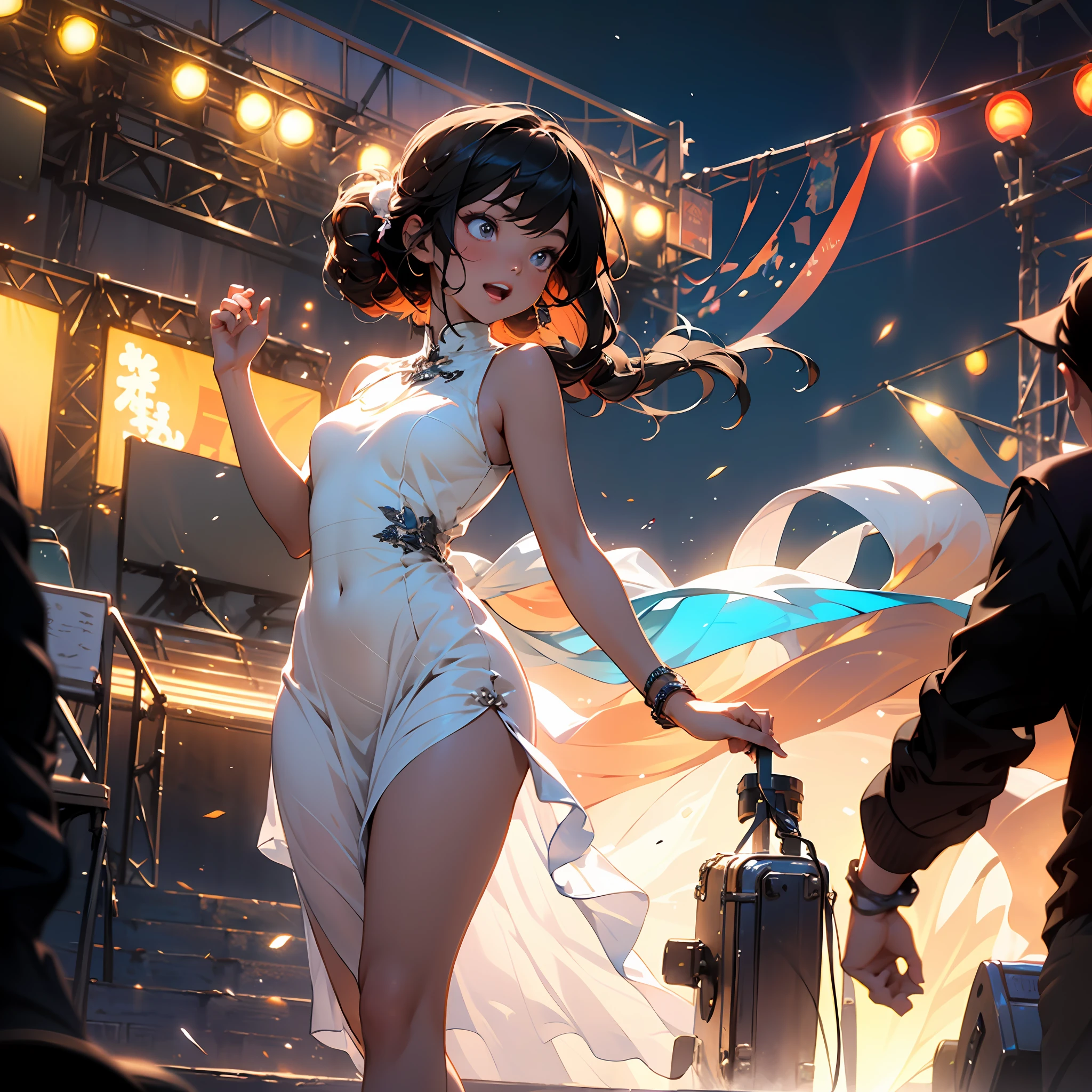 An Asian girl, Wearing a gorgeous white long dress, Sing on an open-air stage, The audience was densely packed with spectators, In the distance is the setting sun, cinematic lighting, depth of field, panorama, lens flare, UHD, highres, best quality