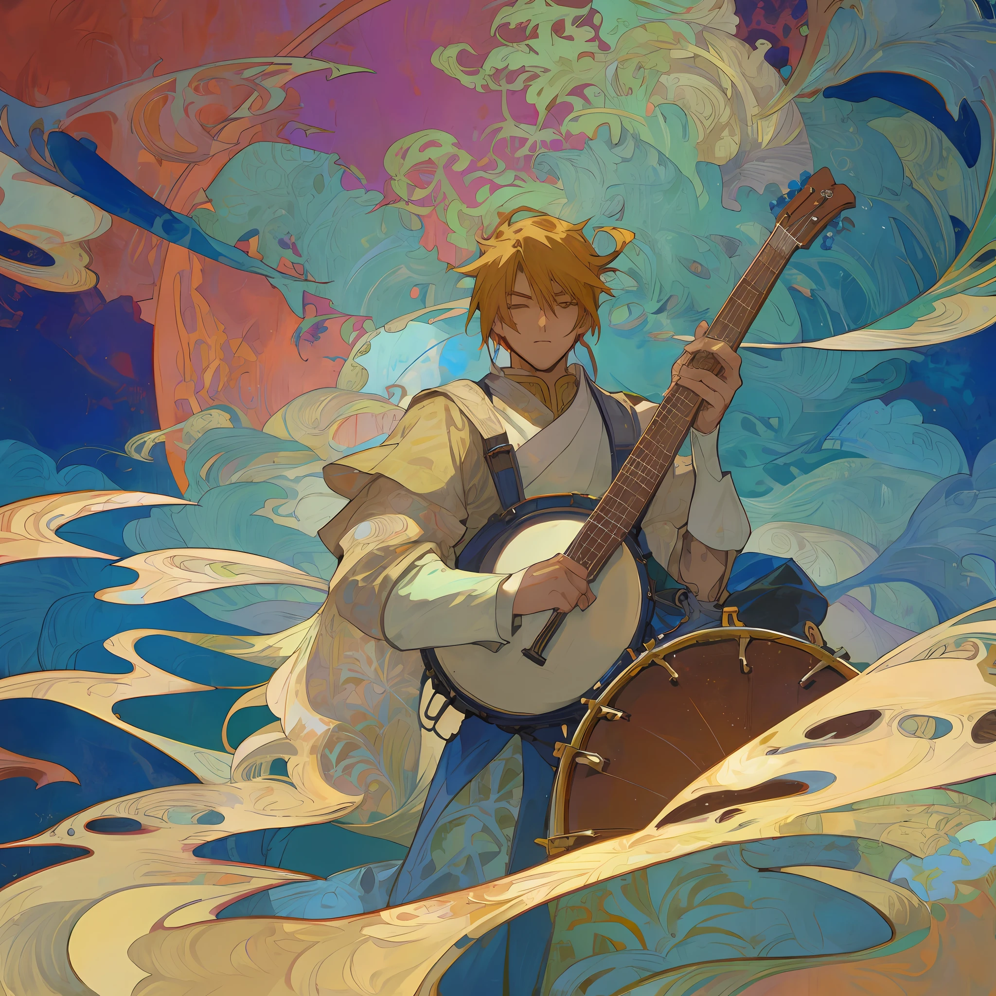 Background of Alphonse Mucha's fantasy、globe、Anime-like、Man's, 25 years old,Playing the banjo。