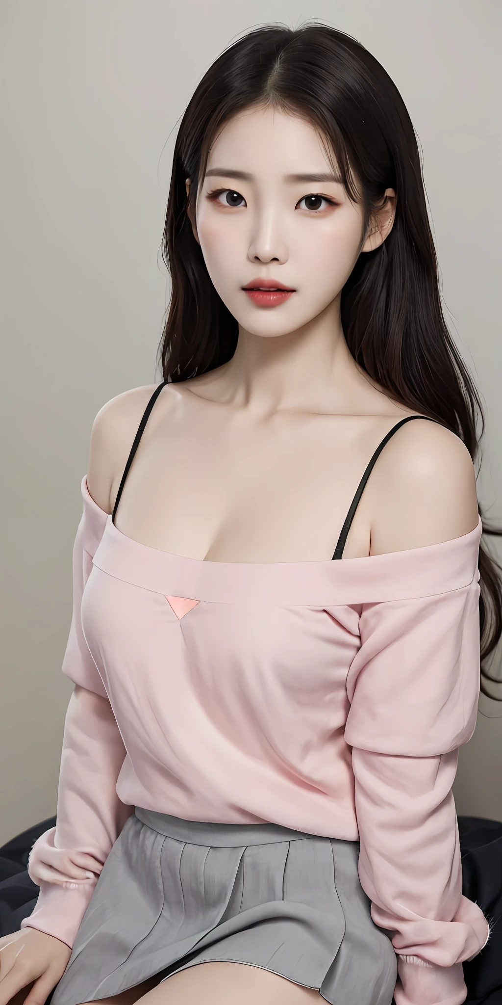 A sexy and charming Korean woman, elegant and intellectual, confident and generous, exquisite and beautiful face, delicate collarbone, charming shoulders, orange sweatshirt, gray pleated short skirt, full body photo, body facing forward, absolutely beautiful and delicate face, pink lips, fragrant shoulders slightly exposed, chest looming, focus on the face, seductive delicate collarbone, ultra-high resolution, skin supple and smooth, very realistic details, simple background, ultra-high-definition, outstanding details, 8K, face blush, attractive collarbone, sexy shoulders