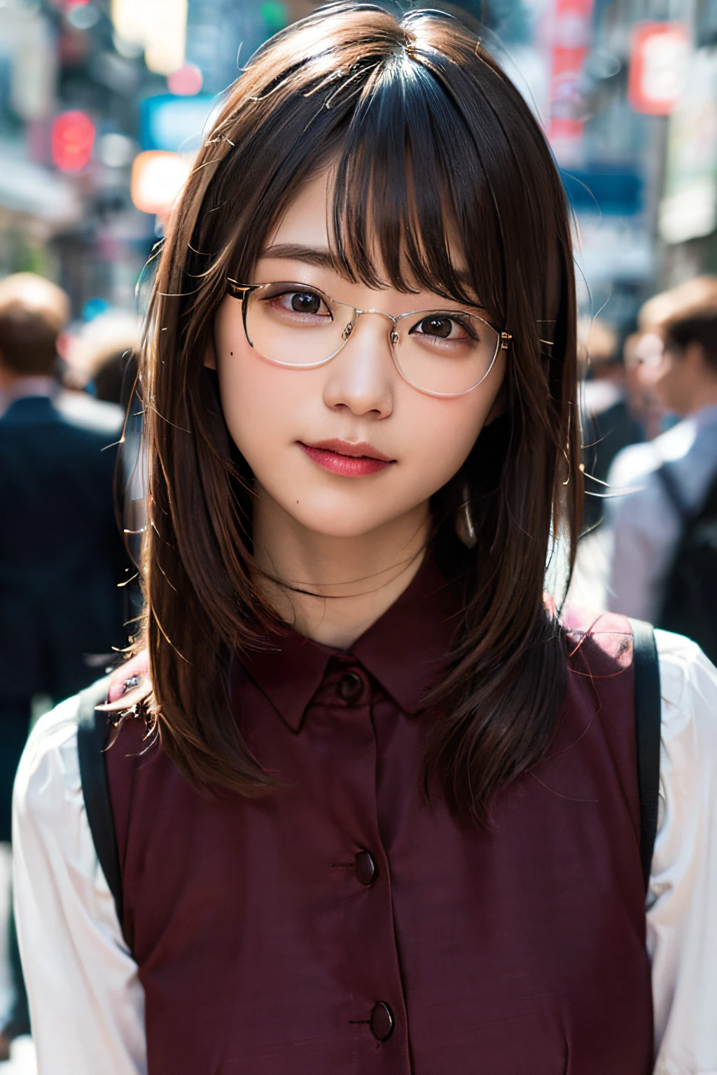 (8K、Raw photography、最好质量、巨作:1.2)、(realisitic、photoreallistic:1.37)、ultra hyper-detailed、ultra-high-resolution、1人、see the beholder、beautiful detailed face、a smile、Constriction、(Slim waist) :1.3)、shirts、Beautiful detailed skin、Skin texture、Floating hair、Professional lighting、In the street、Glasses、Whole human body、Brown hair