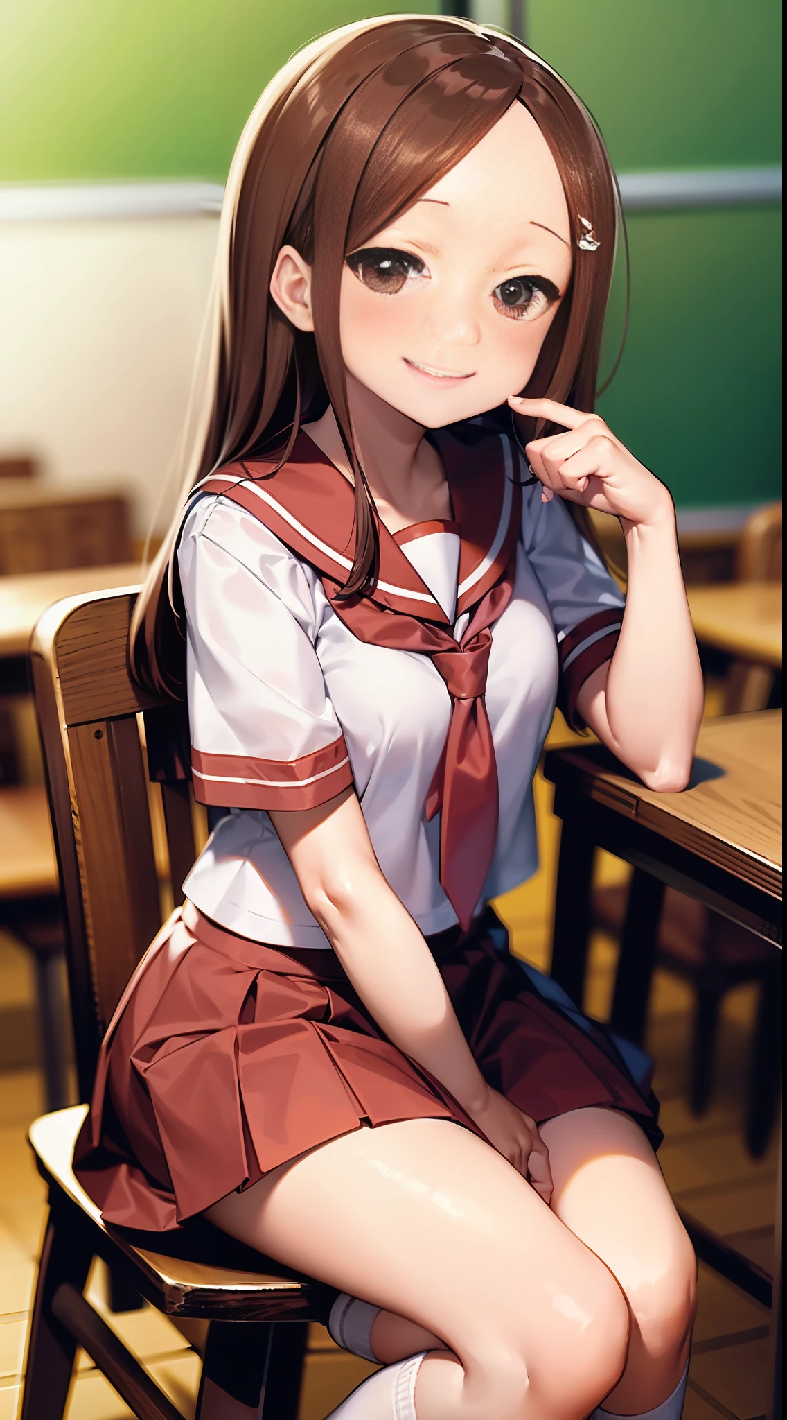 ((((Takagi Dogaku )))),kawaii,sitting in the chair,white serafuku,Skirt,Best quality,High quality,巨作,(Evil smile),black kneehighs,Loafers,Classroom,Light,Light blush,see viewer