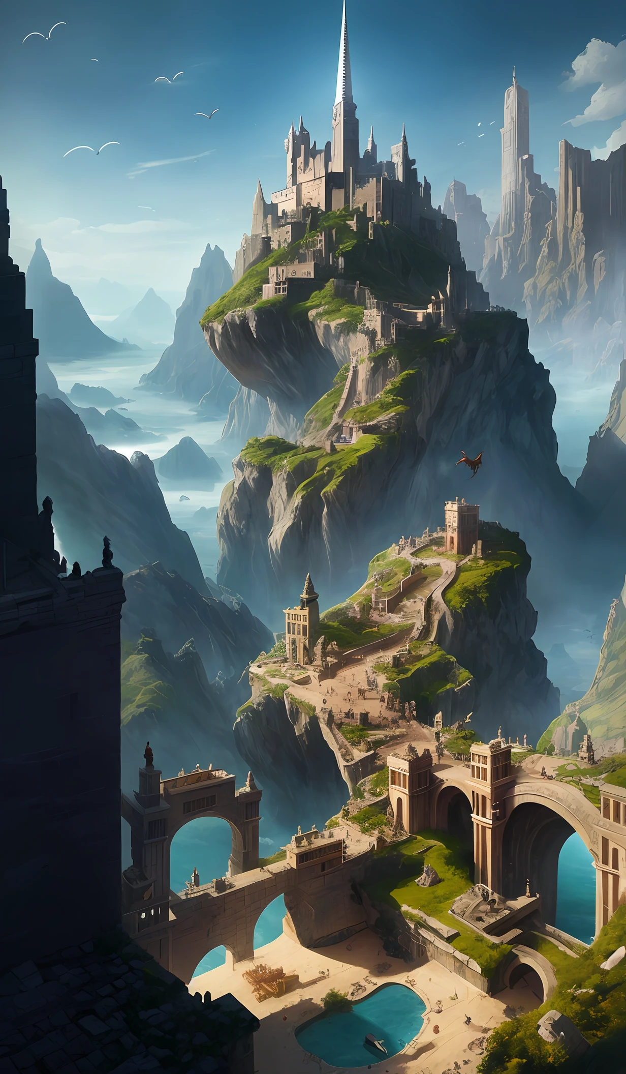 a futuristic city with four kingdoms, four elements, magic and technology, and several races, and a dragon, and a unicorn, game of thrones concept art, trending in artstation, unreal engine 5 render, by marco bucci and peter mohrbacher and ian sprigger