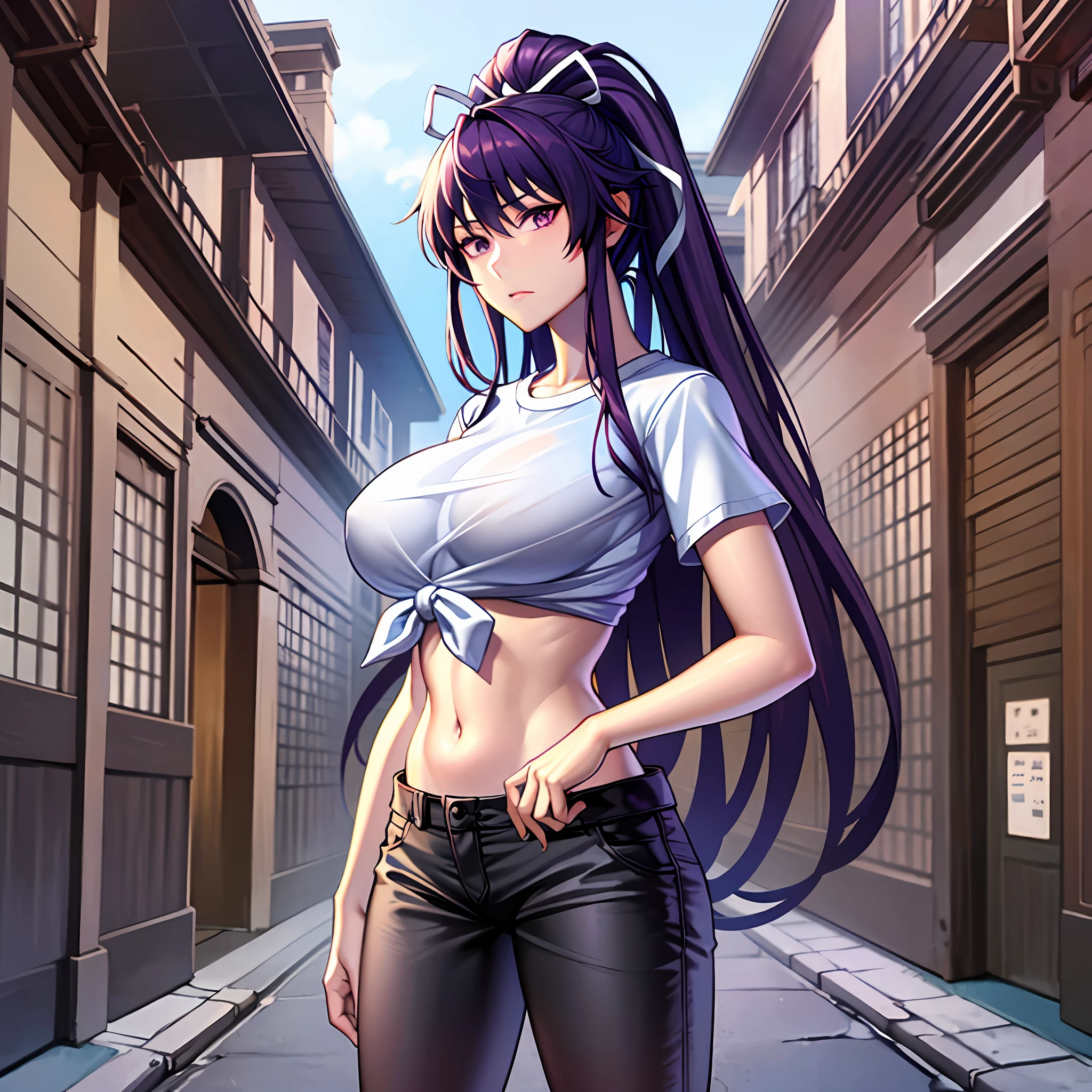 巨作、最好质量、Hi-Res、女の子1人、独奏、Asymmetrical clothing、navels、Purple eye、extra very long hair、Tied shirt、abdominals、Hair ribbon、Single Pants Leg、White shirt、poneyTail、black har、big tit、JINS、White ribbon, Tea belt, Purple hair, Asymmetrical legwear, plein air, Cowboy Shots,Umi　crossing arms　ful body　Random Posing