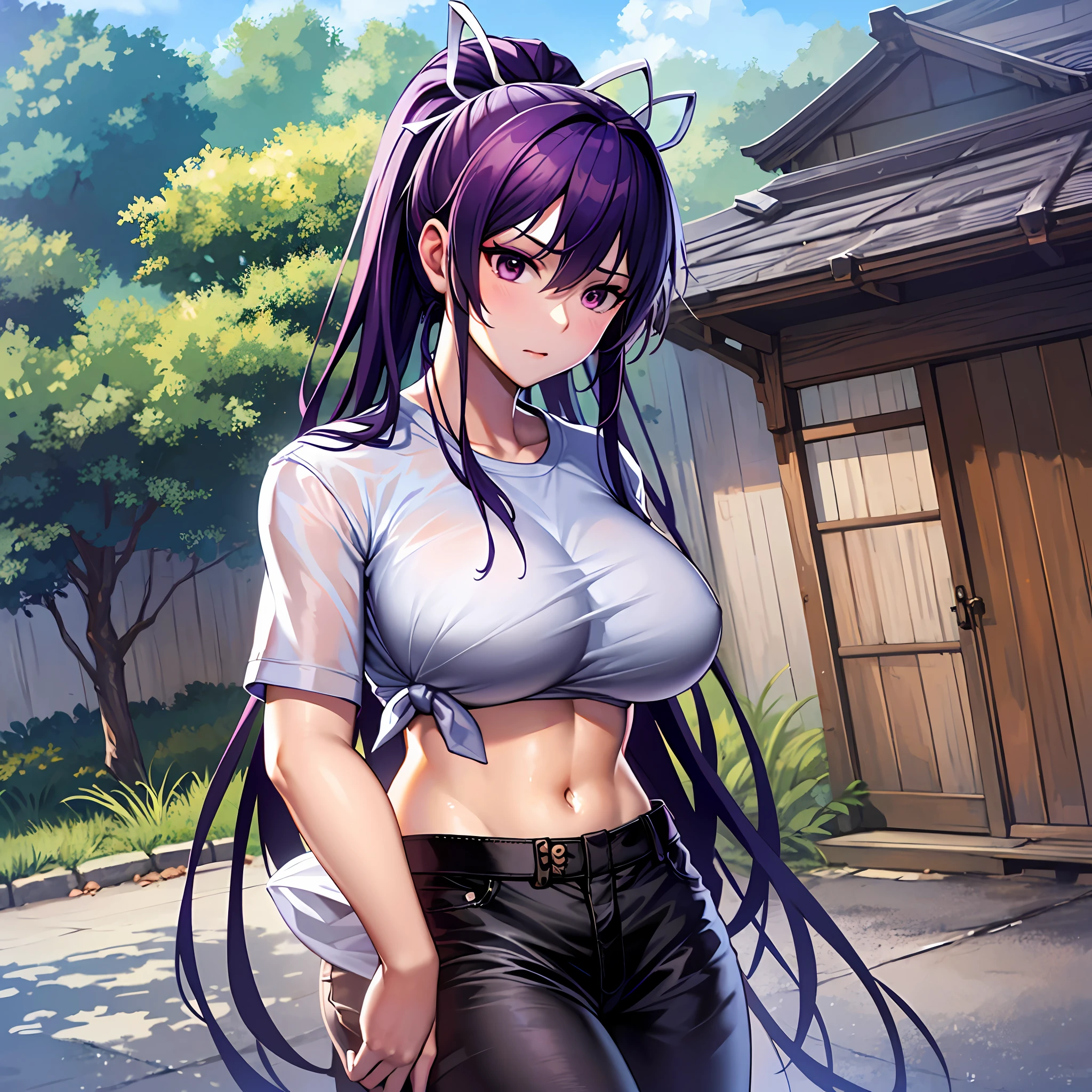 巨作、最好质量、Hi-Res、女の子1人、独奏、Asymmetrical clothing、navels、Purple eye、extra very long hair、Tied shirt、abdominals、Hair ribbon、Single Pants Leg、White shirt、poneyTail、black har、big tit、JINS、White ribbon, Tea belt, Purple hair, Asymmetrical legwear, plein air, Cowboy Shots,Umi　crossing arms　ful body　Random Posing