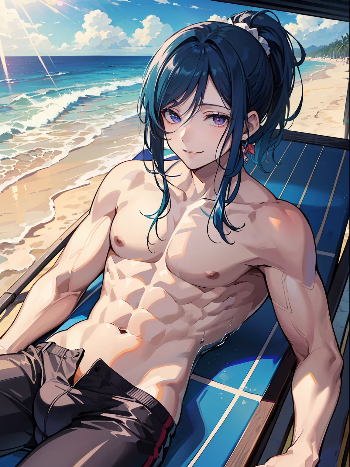 ((highest quality, masterpiece, 4k, finely detailed, detailed eyes, detailed face, intricate details, pixiv, gelbooru)), ((solo)), (((1boy, male, Kanan_Matsuura_(Love_Live_Sunshine), in the Style of the anime Free!))), (((high ponytail, deep blue hair))), (((deep purple eye color, gentle eyes))) , sweating, wearing swimming trunks, big bulge in pants, looking at viewer, smiling, beach background with gorgeous sunshine, warm lighting, masculine, non-feminine, shirtless, pecs, chest