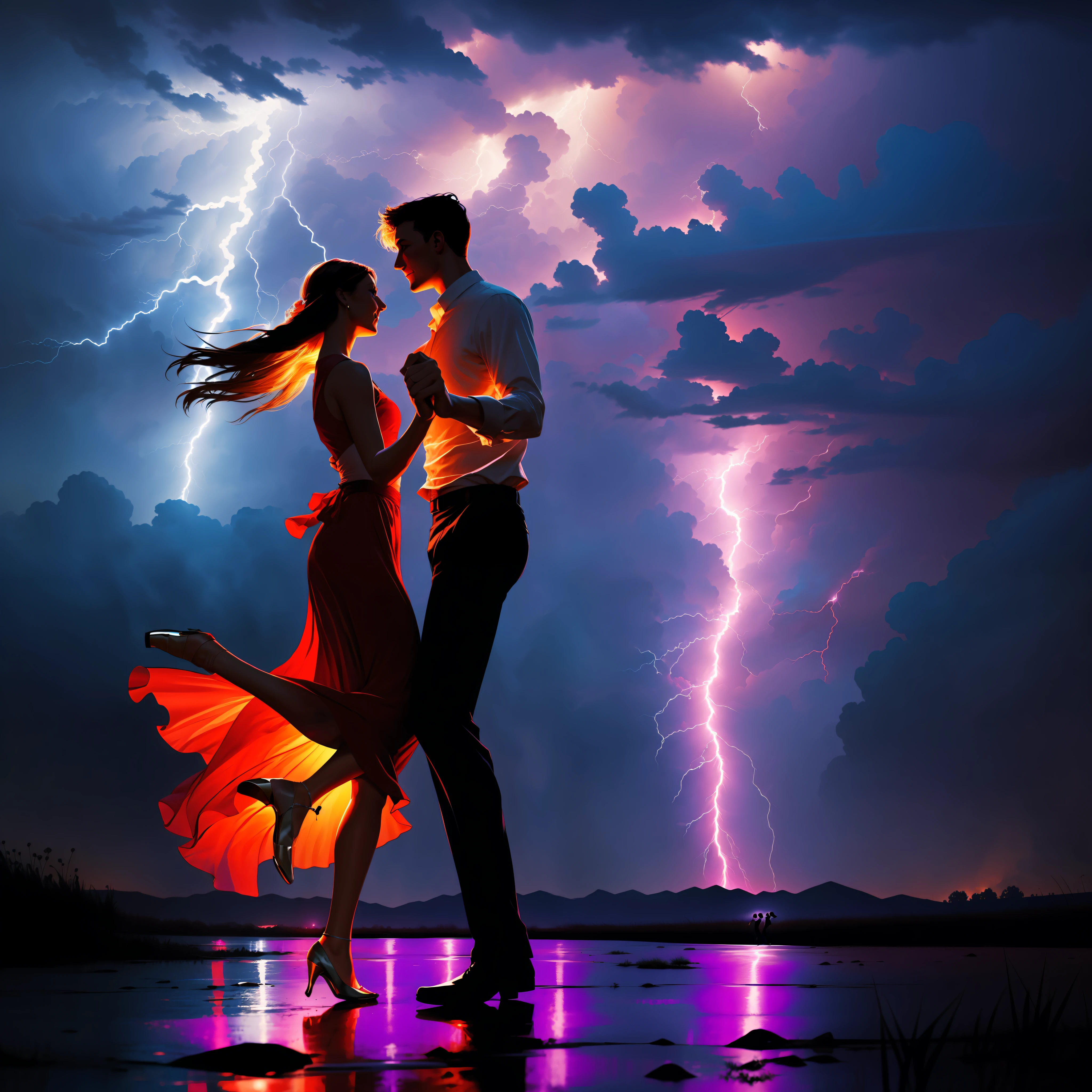 Couple dancing in a lightning storm, soft lighting, concept art