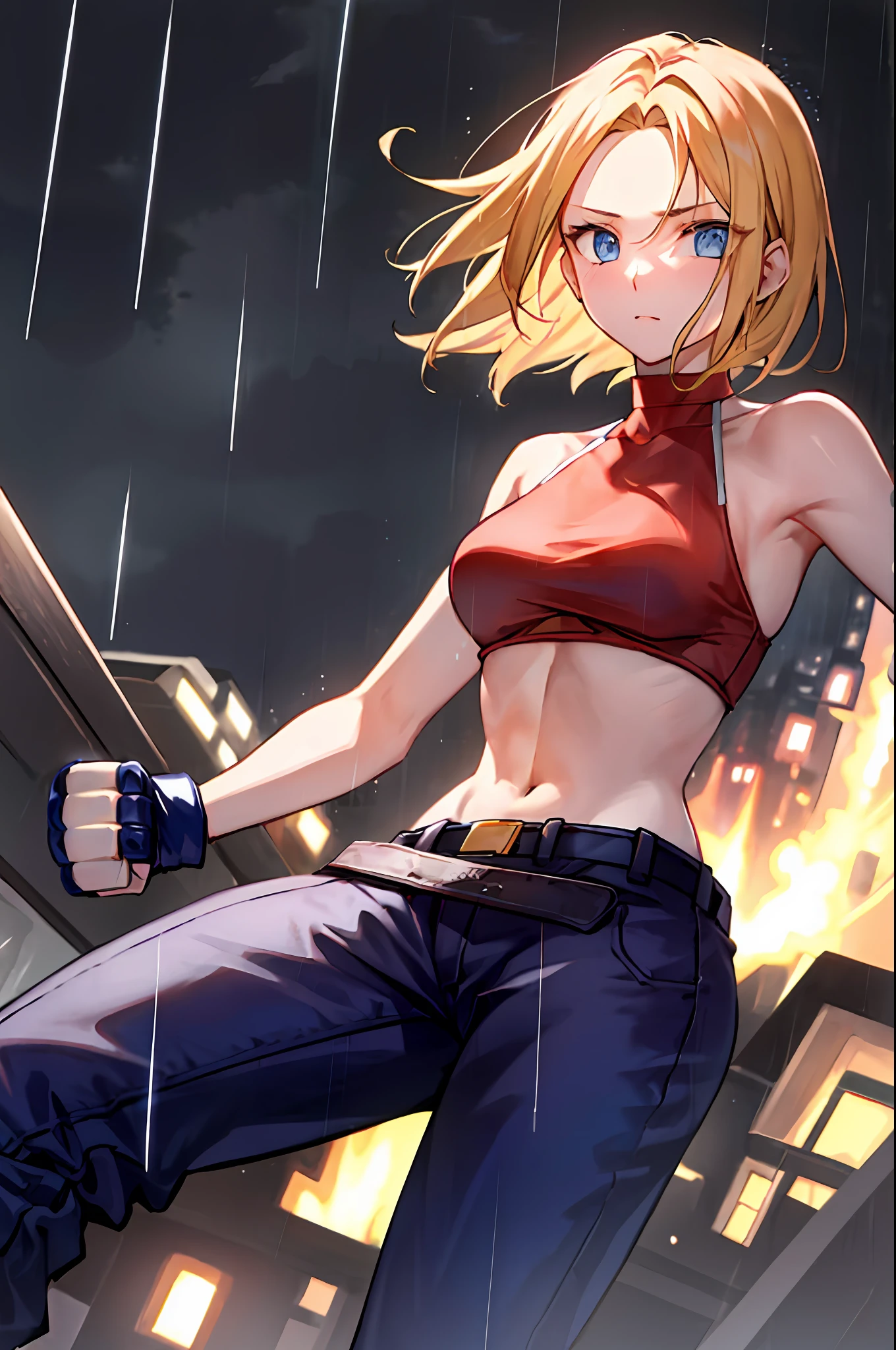 maryms, best quality, (beauty), masterpiece, 1 girl, render based on physics, ultra highres, narrow waist, thin, big eyes, long legs, (small breasts), swollen eyes, night, (rainy city), bright skin, facing the viewer, fighting posture, (close the fist), firm expression,