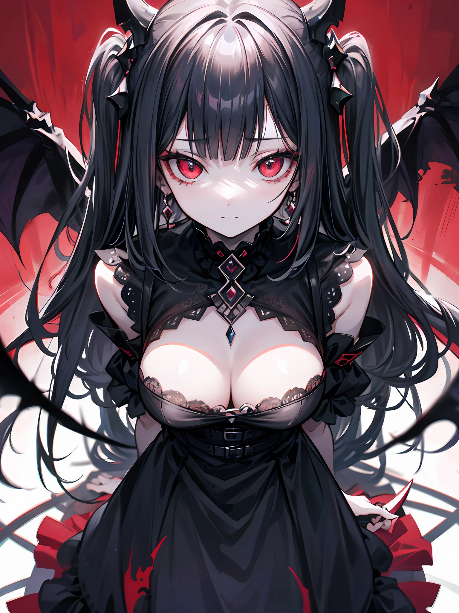 In a realm cloaked in darkness and despair, an enigmatic figure emerges—an anime girl draped in an aura of sinister allure. Slim figure，Breasts are medium in size, her presence commands attention. Her sharp, crimson eyes pierce through the gloomy atmosphere, revealing a depth of darkness within.The girl's pale skin contrasts against her inky long black hair, with a crimson strand that hints at her mysterious nature. Adorned in a high-collared maroon dress, her cleavage is tantalizingly revealed, The lace pattern stands out，ribbontrim，Add elegance to her outfit.Her menacing gaze, enhanced by heterochromia, locks onto her target in an attacking pose. Devil wings unfurl from her back, a sinister extension of her dark power. In her hand, a thick crimson-red stained knife, evidence of her ruthless nature and deadly intent.The color palette of black, Gray, and crimson dominates the scene, casting a gloomy atmosphere that matches the girl's malevolent aura. It is a realm where shadows dance and sinister intentions lurk.The color palette of black, Gray, and crimson dominates the scene, casting a gloomy atmosphere that matches the girl's malevolent aura. It is a realm where shadows dance and sinister intentions lurk.With the aid of the enhanced Lora model, the intricate details of the girl's eyes, face, and skin come to life, showcasing the depth and complexity of her character. From above, the viewer observes this haunting presence, witnessing the clash between her dark beauty and the macabre surroundings.In the world of "Shadow of the Abyss, " explore the enigma of this anime girl turned murderer. Uncover the secrets hidden in her crimson eyes，Penetrate deep into the twisted depths of her existence. Beware as she navigates the boundaries between light and darkness, leaving a trail of crimson in her wake., gothgirl, Pedras preciosas