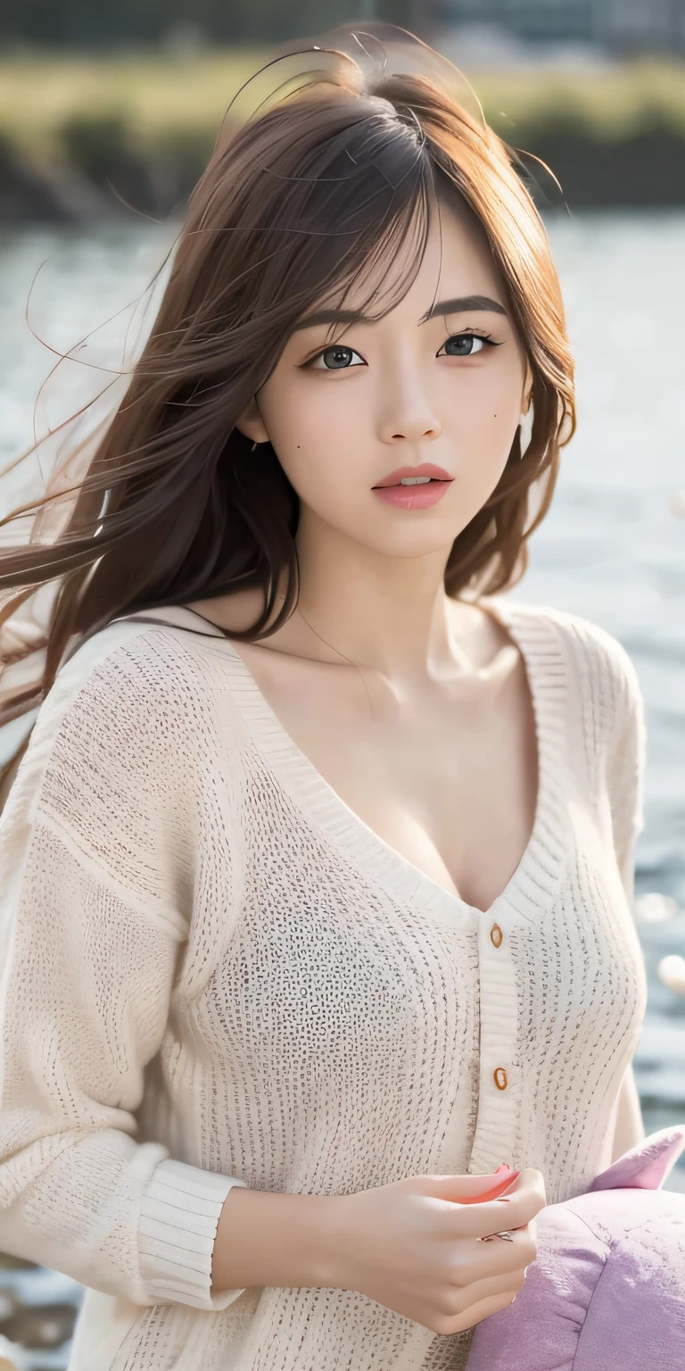 1girl walking on the river, mix4, sweater, pillow, lips, open_mouth, realistic, photo_\(medium\), solo, stuffed_animal, stuffed_toy, teddy_bear,(masterpiece),(photorealistic:1.3), ultra-detailed, (high detailed skin:1.2),(best quality:1.0), (ultra highres:1.0), (ulzzang-6500:0.3), wavy detailed hair, long hair, sunshine, (beautiful detailed makeup), (sexually aroused blushing heavy breathing:1.0), floral theme flower petals scattered, (soft glow bloom:0.5)