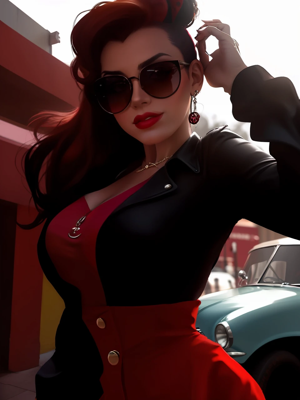 there is a woman wearing sunglasses and a dress posing for a picture, rockabilly, rockabilly style, rockabilly hair, with sunglass, by Randy Vargas, with sunglasses, lorena avarez, 1950s vibes, !!wearing modern glasses!!, retro 5 0 s style, in sun glasses, pinup style, inspired by Gina Pellón