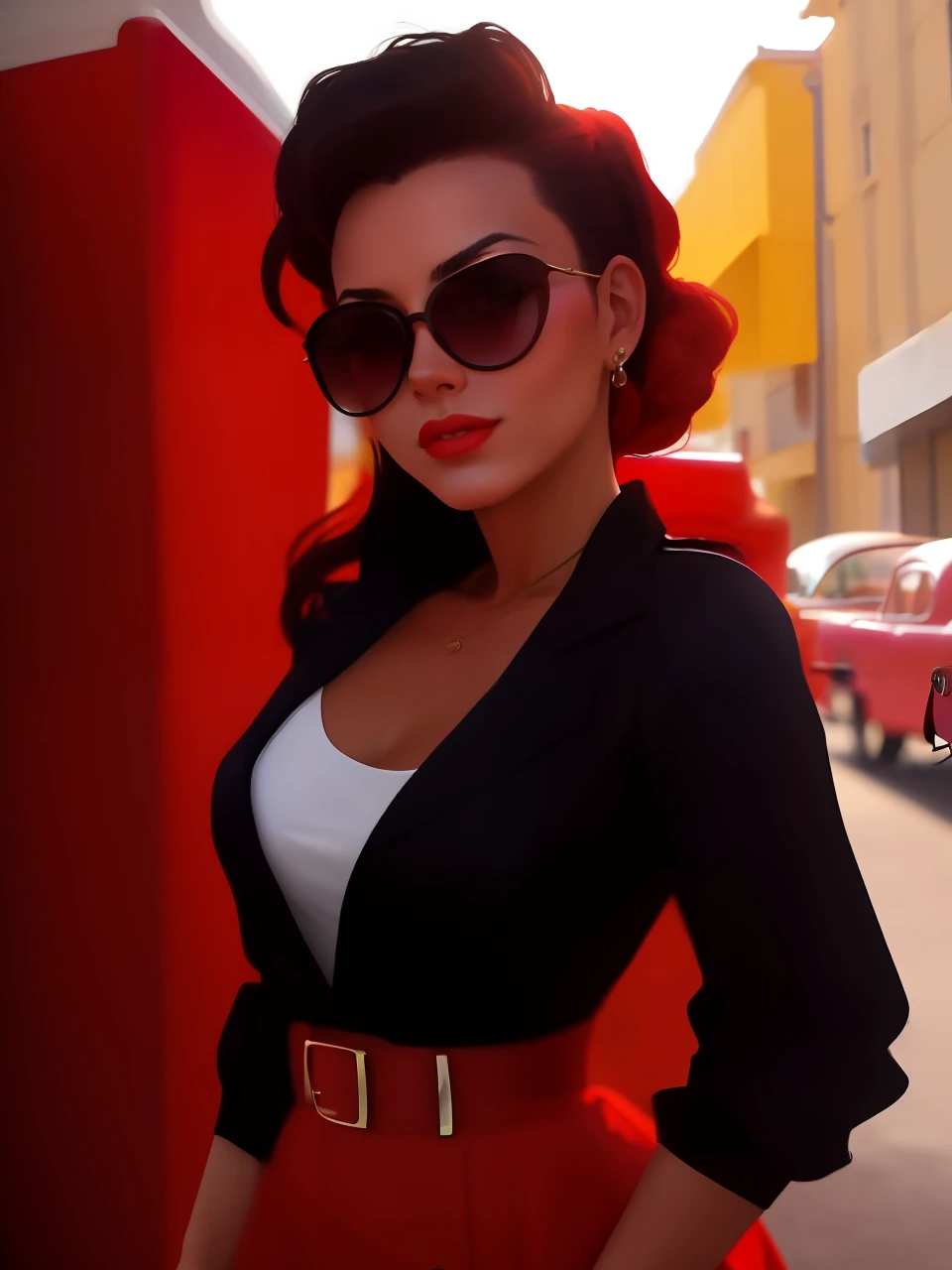 there is a woman wearing sunglasses and a dress posing for a picture, rockabilly, rockabilly style, rockabilly hair, with sunglass, by Randy Vargas, with sunglasses, lorena avarez, 1950s vibes, !!wearing modern glasses!!, retro 5 0 s style, in sun glasses, pinup style, inspired by Gina Pellón