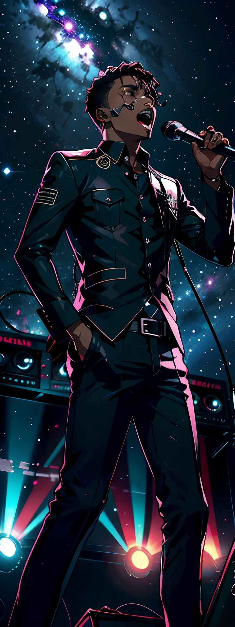 Vocalista Negro catando com microfone brilhante no palco, with the starry sky