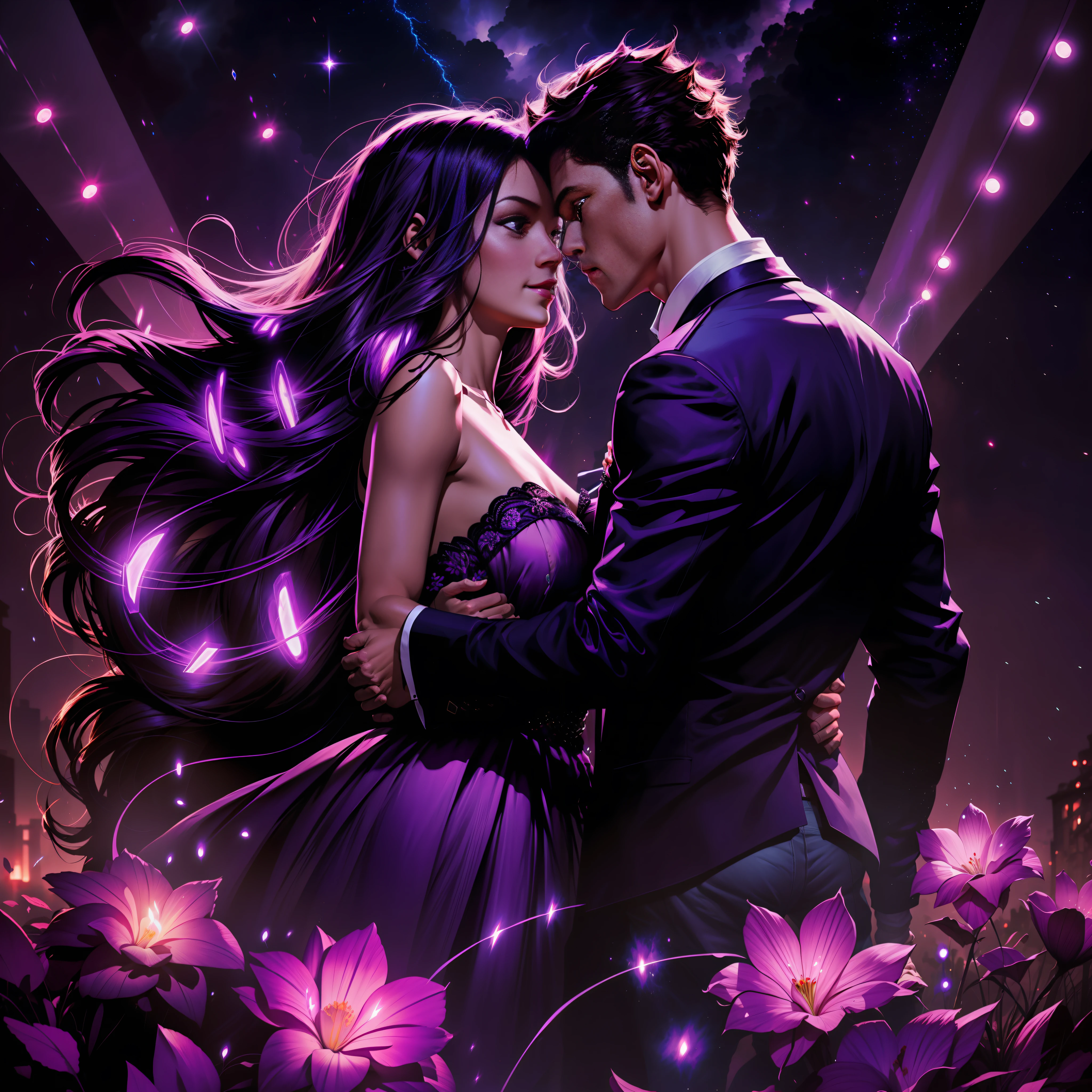 Couple dancing in a lightning storm, soft lighting, concept art