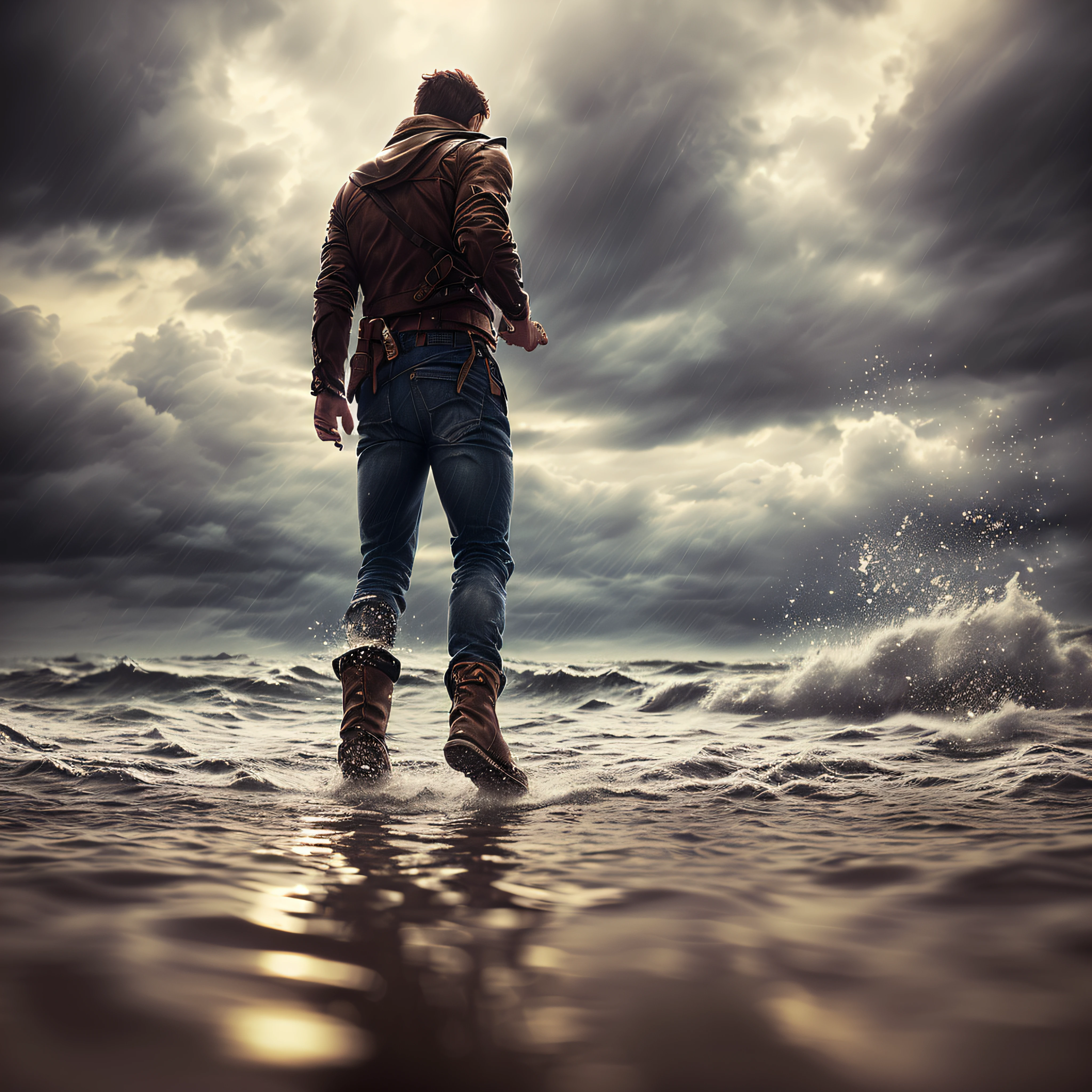 jesus walking on water in a storm, masterpiece, best quality, high quality, extremely detailed CG unit 8k wallpaper, award winning photography, Bokeh, Depth of Field, HDR, bloom, Chromatic aberration, photorealistic, extremely detailed, trending on artstation, trending on CGsociety, intricate, high detail, dramatic, mid-journey art, volumetric lighting