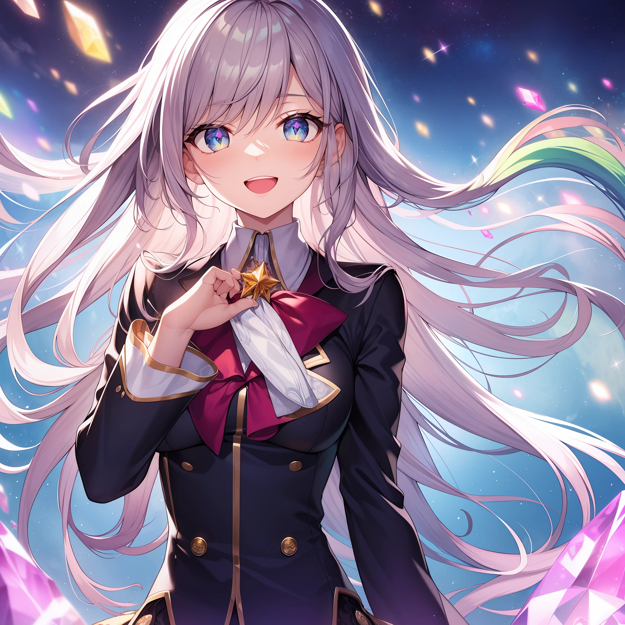 Chest out, absurdist, superfine illustration,rainboweffect, Hi-Def, ultra hyper-detailed,Light diffusion,highly detailed light reflection, Kaleidoscope, harmonious, Best Shadow, highly detailed very beautiful big smile face, ;D, beautiful growing crystal diamond star pupil,looks at viewer, beautiful detailed hair, Solo, Dynamic Pose, beautiful detailed pink and black ribon, beautiful detailed High school uniform, Fantastic and sparkling throughout、Shooting stars and windy background detail background