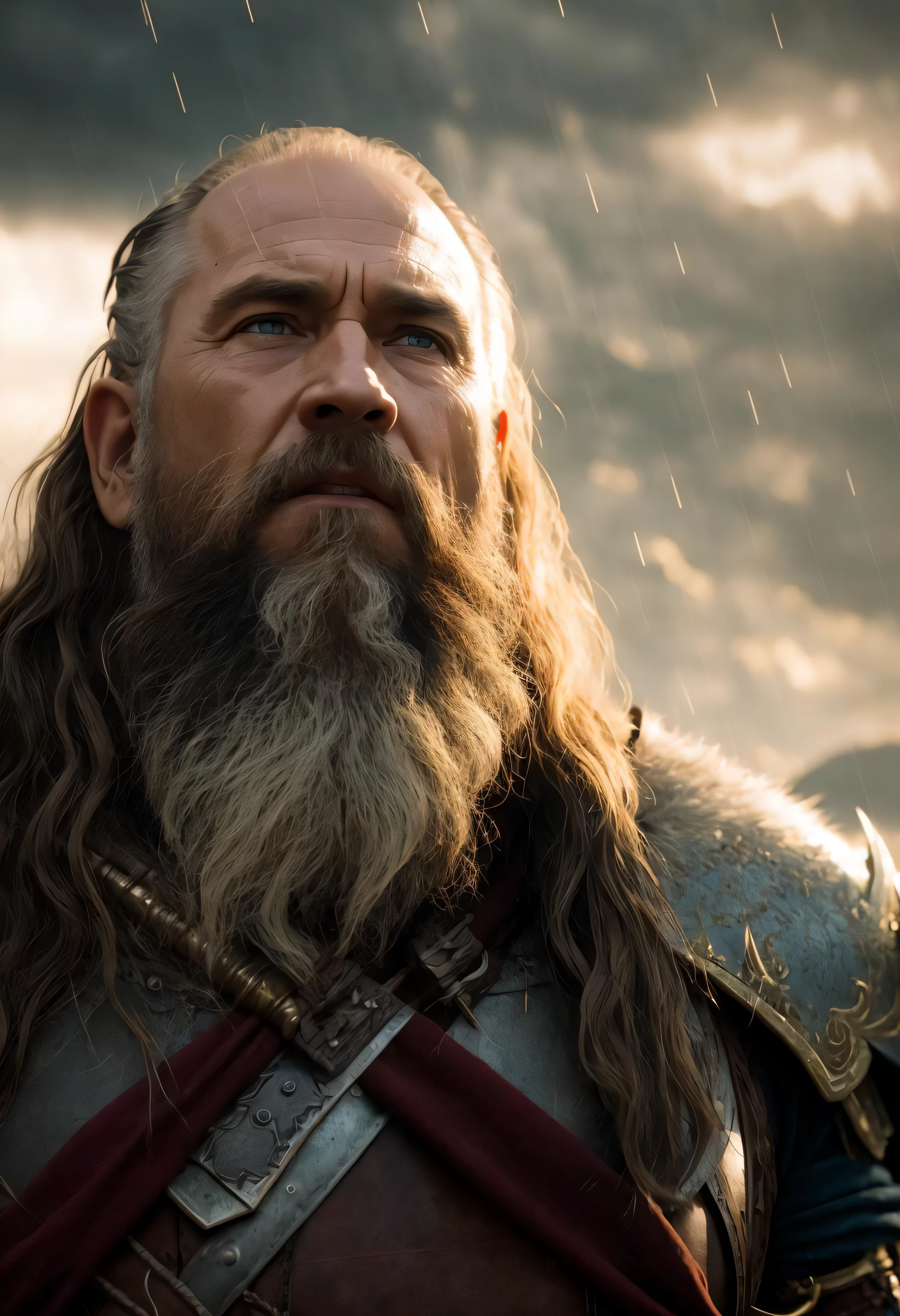 ((best quality)), ((masterpiece)), ((inked)), majestic intricately detailed soft oil painting by jim lee, 1man, (close up portrait:1.1), an old grizzled medieval warrior, elderly war weary grandfather, warpaint, muscular, gray bearded, shaved head, topknot, wet fur armor, weary eyes, cuts scrapes and grazes, (dramatic rain drenched fyords, ocean channel, rocky hills:1.2), sun set, somber, (backlit:1.3), highres, depth of field, (deep shadows:1.2), high detail, sharp focus, smooth, roughness, photographed on a Canon EOS R5, 50mm lens, F/2.8, HDR, real life, backlit, photorealism, photography, cinematic Film still from the lord of the rings|god of war|Wrath of the Titans|the lighthouse