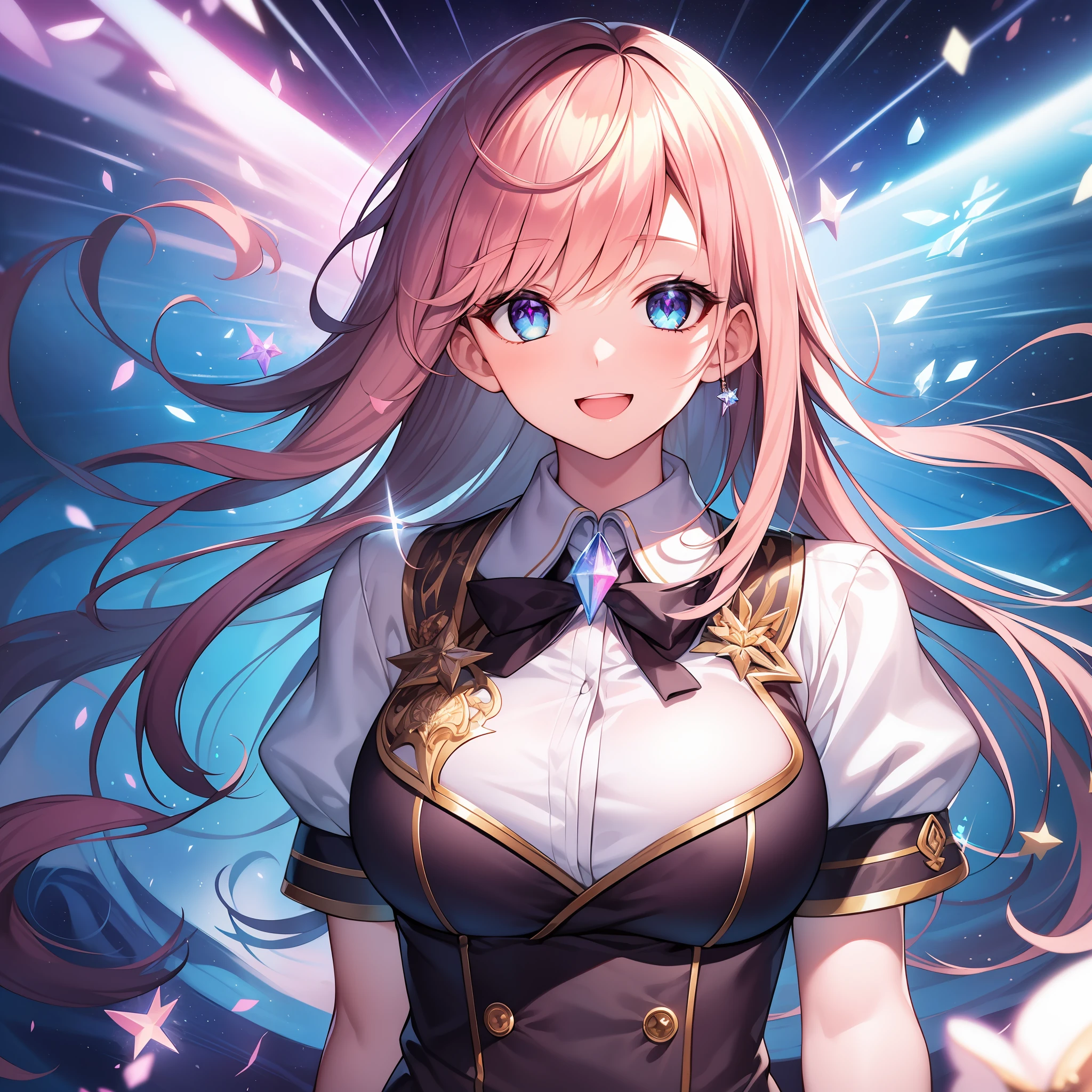 Chest out, absurdist, superfine illustration,rainboweffect, Hi-Def, ultra hyper-detailed,Light diffusion,highly detailed light reflection, Kaleidoscope, harmonious, Best Shadow, highly detailed very beautiful big smile face, ;D, beautiful growing crystal diamond star pupil,looks at viewer, beautiful detailed hair, Solo, Dynamic Pose, beautiful detailed pink and black ribon, beautiful detailed High school uniform, Fantastic and sparkling throughout、Shooting stars and windy background detail background