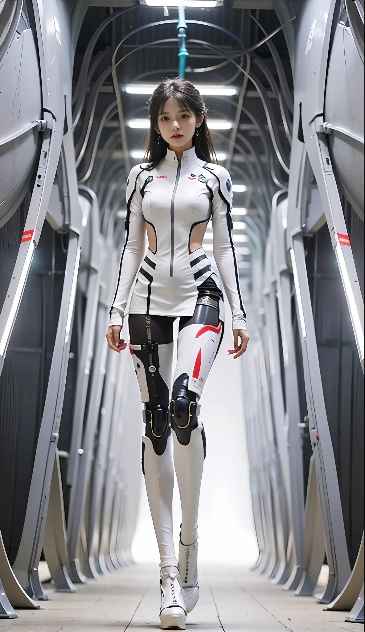 a woman in a futuristic suit walking down a hallway, biopunk futuristic wardrobe, wearing futuristic clothing, futuristic outfit, Futuristic clothing, cyborg fashion model, science fiction suit, cyber suit, sci fi futuristic costume, futuristic outfit, futuristic cyber clothing, science fiction suit, fashionable futuristic woman, in white futuristic armor, futuristic clothing and helmet, futuristic fashion, futuristic tech wear