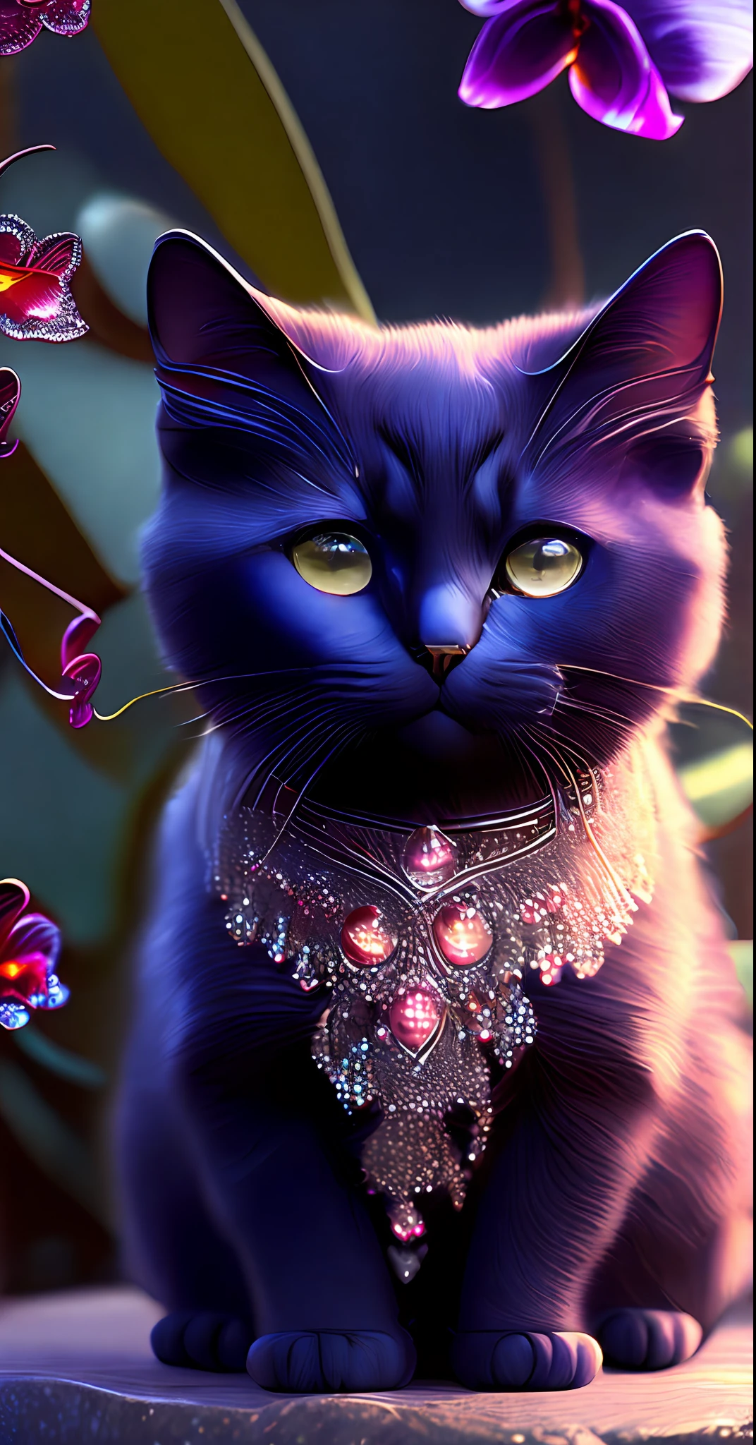(((Epic Masterpiece))) (((Powerful Unreal Engine 5))) ((( Exaggerated Painstakingly Detailed, Finely Detailed))) (((Digital Art)))
On top of a stone, in the center of in a magical environment: ((a cute and adorable black cat with a beautiful too soft fur, a shiny mane, a deeply jeweled and perfectly defined face, two matching eyes in a bright neon smoke super intricate, shiny frosted metal lace covers her body, graceful, powerful, majestic, immortal, too fantasy to be true.A stream of crystal clear water, surrounded by the most beautiful luminous red orchids, fresh ambient, in paradise.beautiful feline, big jeweled cat, mystical cat, incredible cat, by Jean-Baptiste Monge.
Dim lighting, sunlight fantasy, natural sunlight filtering.
((Intricate Detailing, Symmetrical Flowing Strokes Symmetrically Perfect Illustration)) ((Fantasy Concept Art)) ((Intricate High Octane 3D)) Smooth, softened, detailed HD, perfect focus.
120K Detailed, Autodesk Maya, Industrial Light and Magic, Scanline Visual Effects, Sony Pictures Animation.