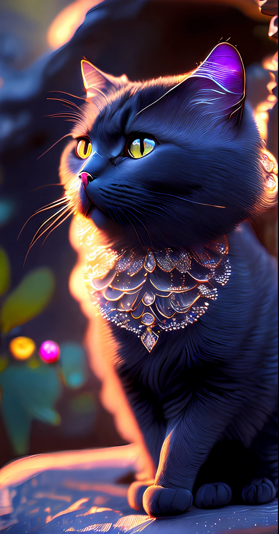 (((Epic Masterpiece))) (((Powerful Unreal Engine 5))) ((( Exaggerated Painstakingly Detailed, Finely Detailed))) (((Digital Art)))
On top of a stone, in the center of in a magical environment: ((a cute and adorable black cat with a beautiful too soft fur, a shiny mane, a deeply jeweled and perfectly defined face, two matching eyes in a bright neon smoke super intricate, shiny frosted metal lace covers her body, graceful, powerful, majestic, immortal, too fantasy to be true.A stream of crystal clear water, surrounded by the most beautiful luminous red orchids, fresh ambient, in paradise.beautiful feline, big jeweled cat, mystical cat, incredible cat, by Jean-Baptiste Monge.
Dim lighting, sunlight fantasy, natural sunlight filtering.
((Intricate Detailing, Symmetrical Flowing Strokes Symmetrically Perfect Illustration)) ((Fantasy Concept Art)) ((Intricate High Octane 3D)) Smooth, softened, detailed HD, perfect focus.
120K Detailed, Autodesk Maya, Industrial Light and Magic, Scanline Visual Effects, Sony Pictures Animation.