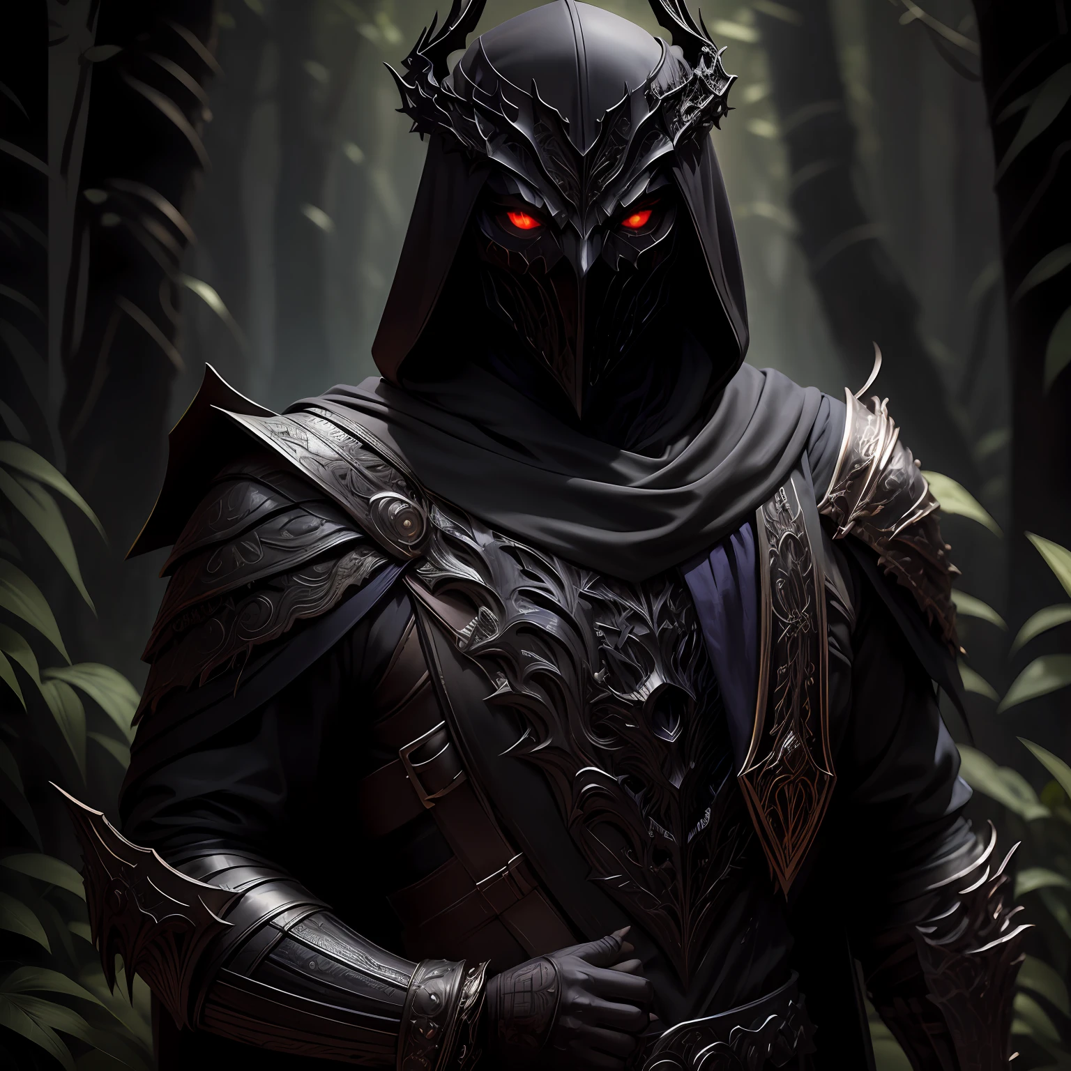 dark soul, A bodyless armor, black shawl, black hood, no face, male, armor carving, demonic armor, black face, scarlet eyes, barrel helmet, peephole, iron crown, holding a Ornate black and purple one-handed sword, gothic style, in a dark forest --auto