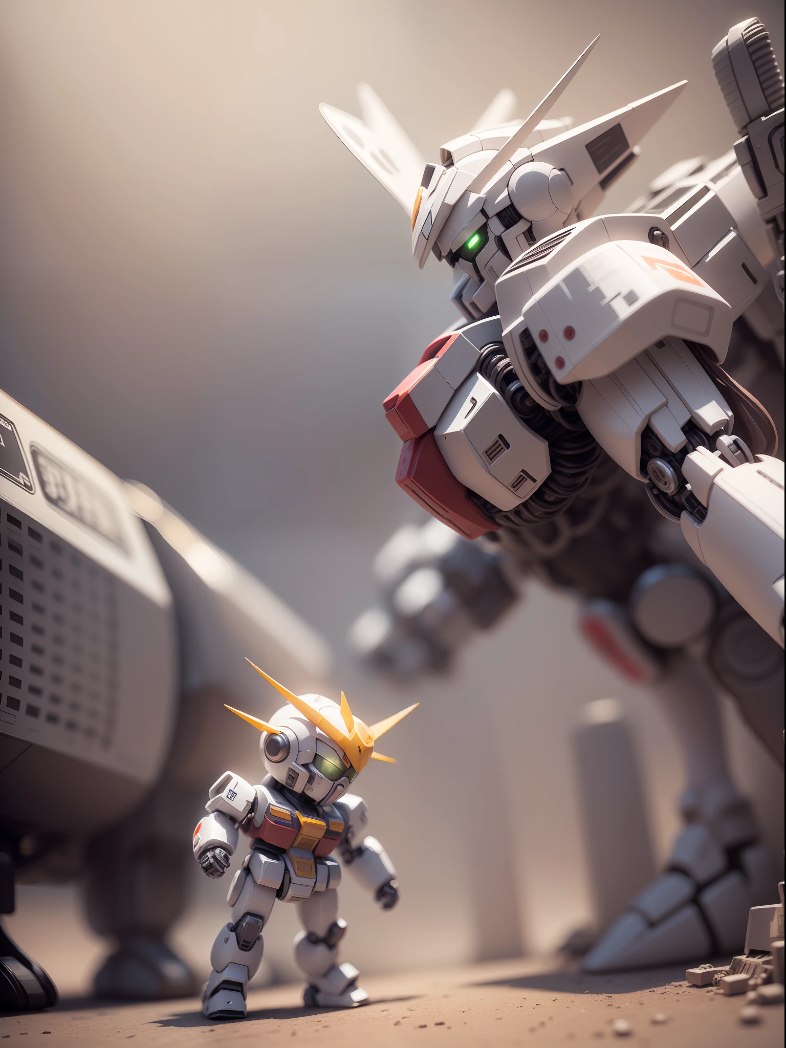 (A mechanical:Up:1.331)，(Gundam Mechanical)，(handheld weapon),Cute style，Small Man，large head，(Hot Wheels:1.331)，a 3D render，((Q version))，Pokémon style，Machine style，Cinematic texture，Figures，Pokémon，cinematiclight，Heavy robotic arm，mechanical mecha，mechanical leg，mechanical leg，Mechanical feel，The background surrounds lightning，salama，cruelty，Clean white background，raytrace，Premium color，Full body 3D model，Action，Stylish blind box toy。(fill body:1.2)，Chibi T-Shi