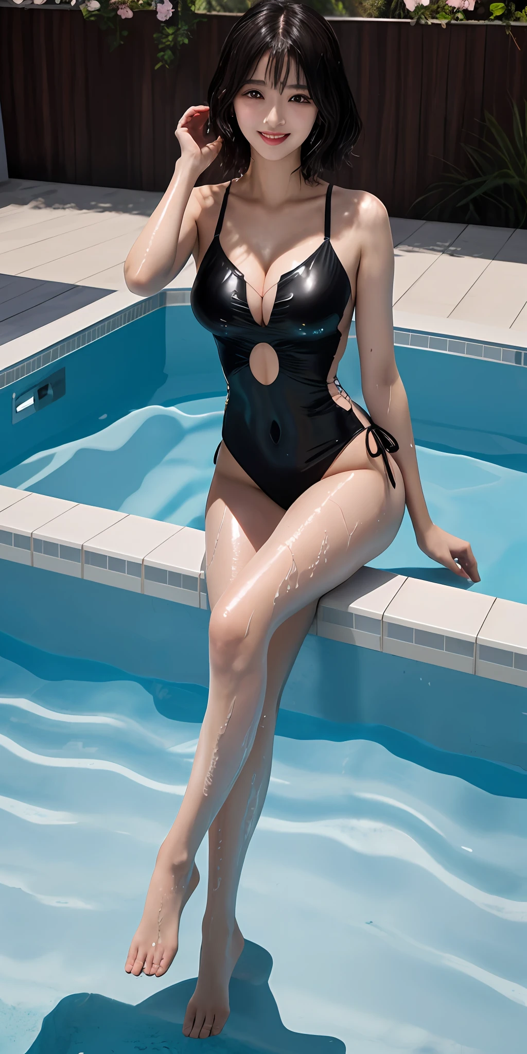 realisticlying,Textured skin,{Best quality},{high resolucion},Beautiful and charming anime beauties,Full body photo，28-year-old,Delicate and charming round face,With a smile，Slim and attractive figure,Delicate and charming collarbones, Air bangs,black har,Bright peach blossom eyes，Pink lips，双眼皮，Deep cleavage，（Ultra-thin transparent parallel crepe one-piece swimsuit，Fitted with slim shoulder straps and a sexy big, round low back，The hand-stitched parallel crepe stitching has a rich texture，It fits snugly and contours your body），（Full Body Drenched），Pose casually in the pool，Bright background