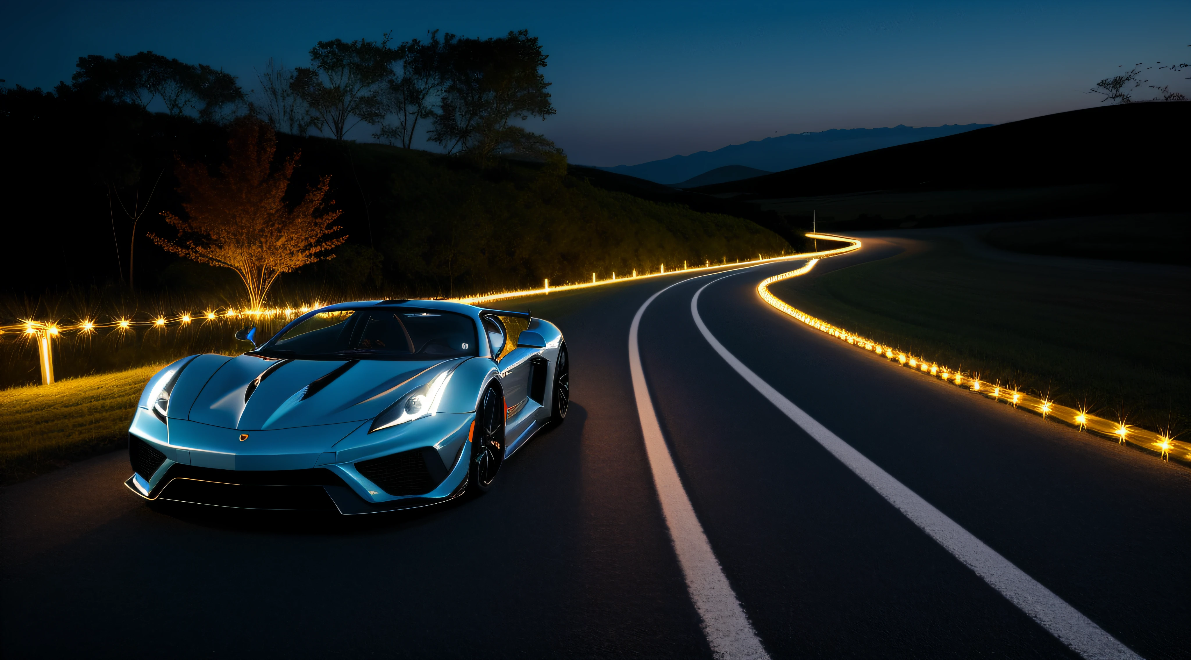 sports car, road made of lights,
