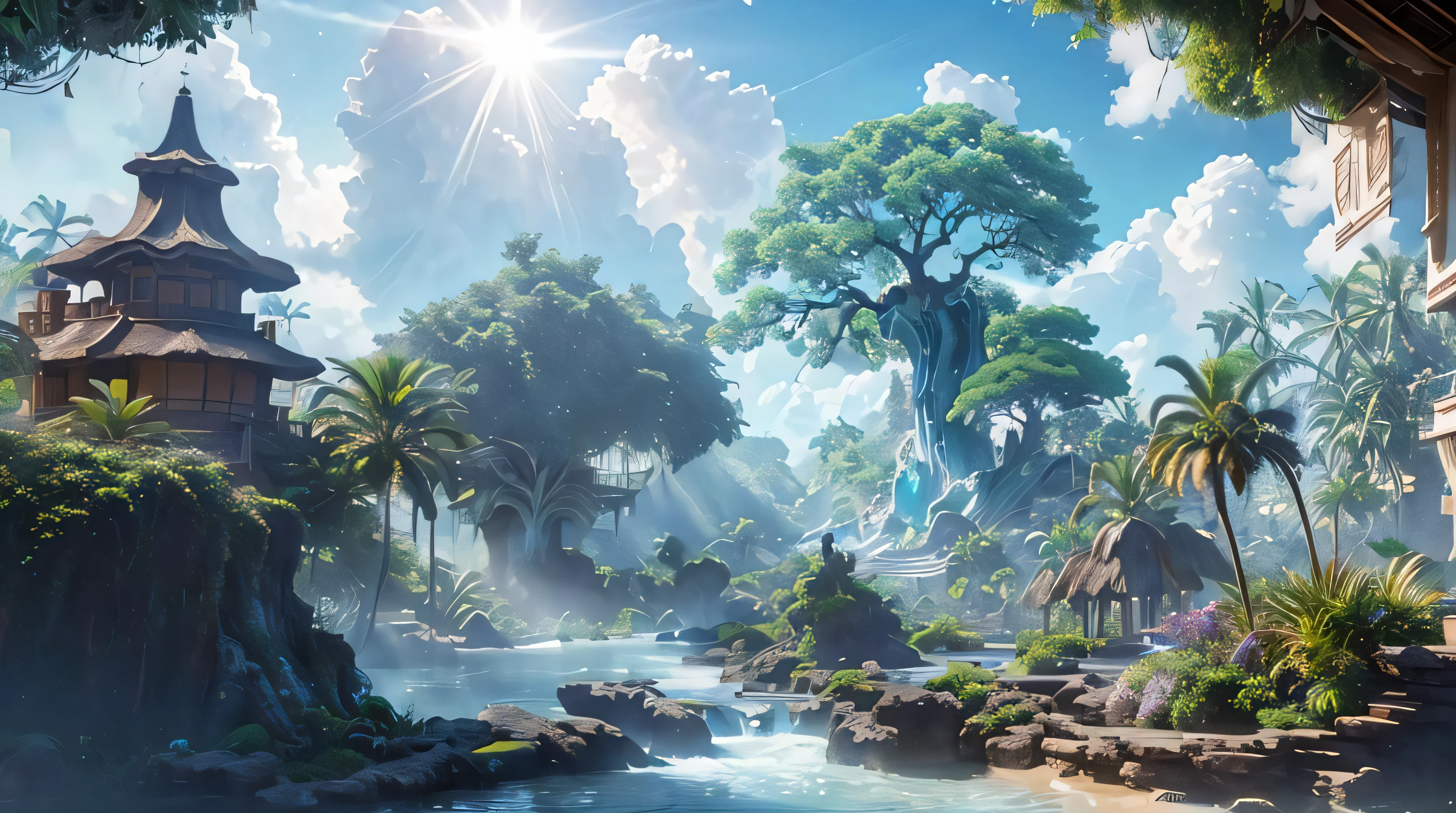 masterpiece, best quality, high quality, extremely detailed CG unity 8k wallpaper, a hyperrealistic colossal cyan raintree, in a futuristic prehistoric village, splashing water, sandy debris, lens flares, sunshaft, fluffy clouds, Hyperdetailed, HDR, bloom, Photorealistic, hyperdetailed