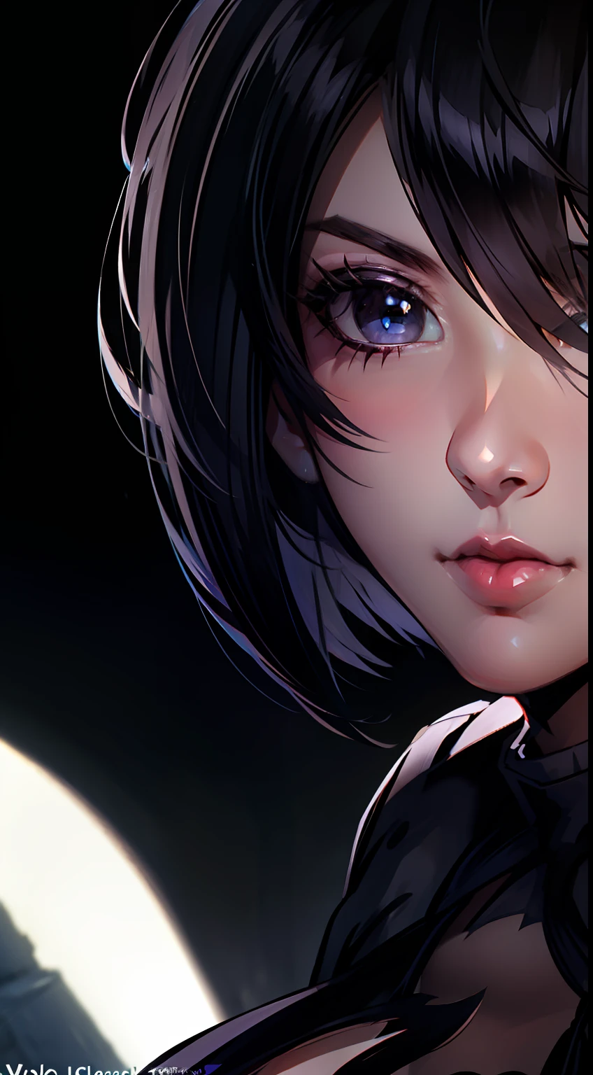 Anime girl with blue eyes and black hair staring at the camera - SeaArt AI