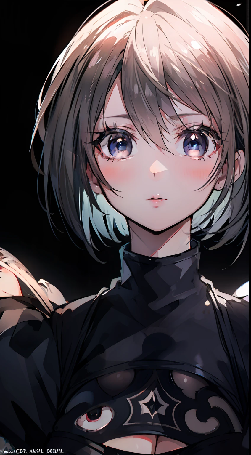 (masterpiece:1.3), top quality, official art, super detailed, looking at viewer, face focus, close up, 1girl, 18 years old, elegant black dress, frill skirt, gloves, beautiful hair, bangs, white hair, short hair, blue eyes, beautiful eyes highlights, pale pink lips, long eyelashes, beautiful skin, lush skin, knee high boots, backlit, cinematic lighting, big tits, melancholy face, simple black catsuit, hair blowing in the wind
