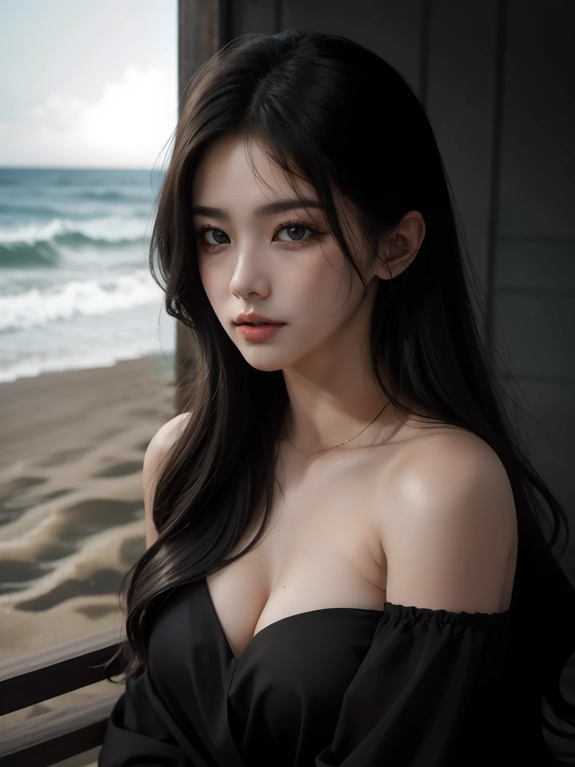 beste Quality, masterpieces, Super High Resolution, (photo realistic:1.5), Raw Image,Black dress ,Korean 1girl, offshoulder, In the dark, deep shadow, Low key, cold light, sexy look, hair long,beach,pretty,lim light,swirling hair