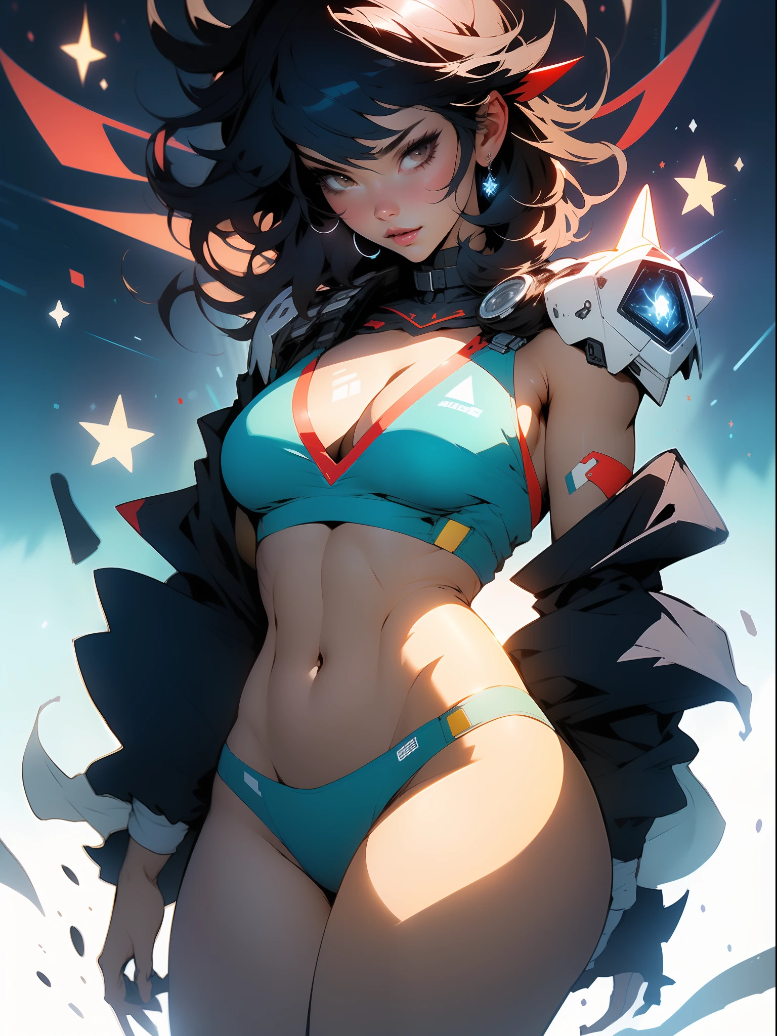 ((Best quality)), ((masterpiece)), (detailed: 1.4), (Absurd), furious princess, ((action pose)), (((Latin woman wearing blue bikini with ornaments)))), ready for war, brunette skin, hot woman, sculptural body with defined muscles, closed mouth, muscular body covered by a Honkai Impact style micro bikini, Geishin Impast, large motorcycle goggles, bandana covering head, whole body covered by gold stars, ((medium breasts)), (eyes with heavy makeup and very black without pupils), (((short black hair style Ryuko Matoi)), (stars on the arms), ((drawings of golden stars on the arms)), very long eyelashes, heavy eye makeup, lots of jewelry, by mucha, niji --V5, close to the real, psychopath, crazy face, sexy pose, background with a giant Gundam-style robot head, 2 piece clothing, shoulder pads diamond, pastel, centered, scale to fit dimensions, HDR (High Dynamic Range),Ray Tracing,NVIDIA RTX,Super-Resolution,Unreal 5,Subsurface dispersion, PBR texture, Post-processing, Anisotropic filtering, Depth of field, Maximum clarity and sharpness, Multilayer textures, Albedo and specular maps, Surface shading, Accurate simulation of light-material interaction, Perfect proportions, Octane Render, Two-tone lighting, Wide aperture, Low ISO, White balance, Rule of thirds, 8K RAW, crysisnanosuit