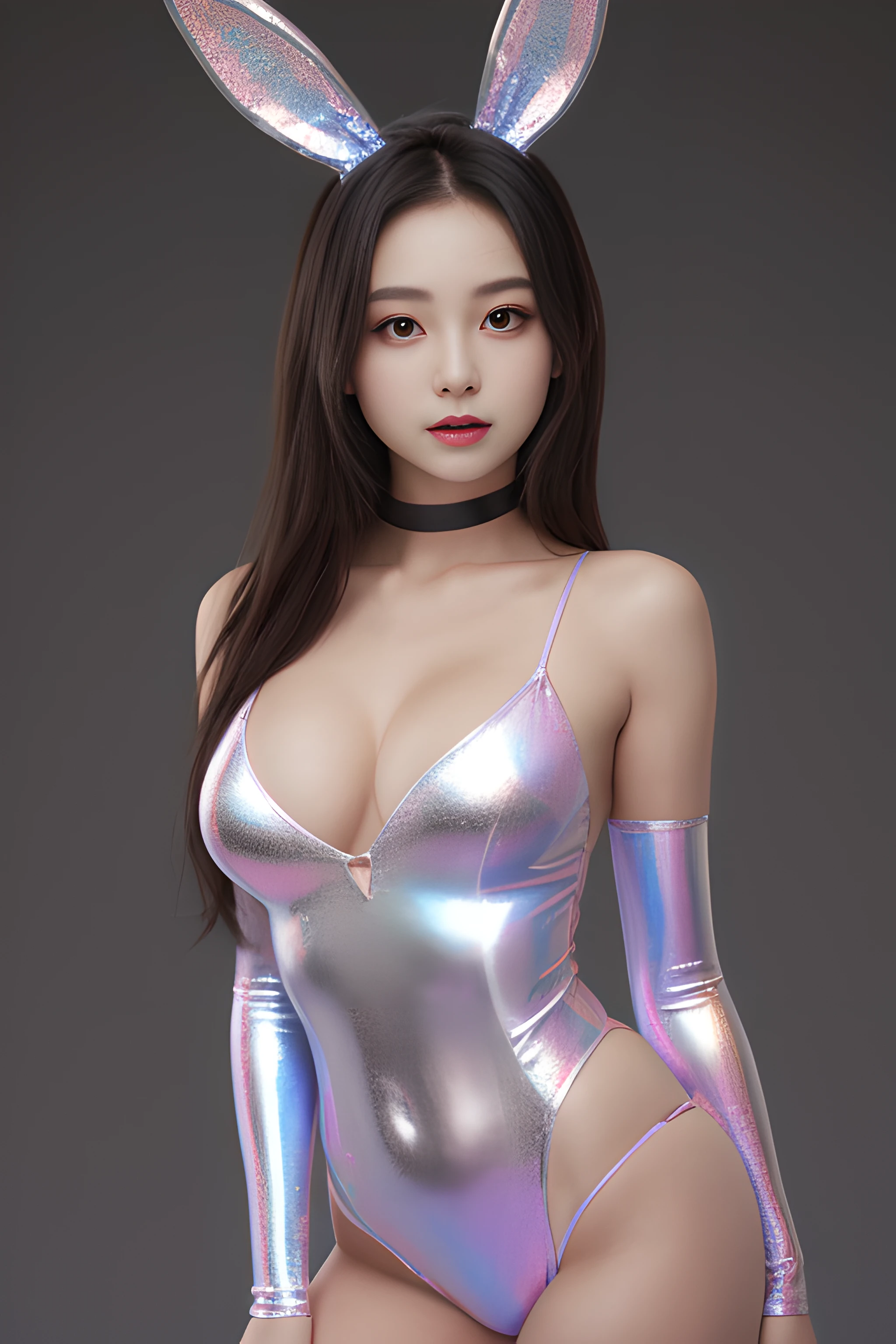 1girl,holographic,playboy bunny,upper body, looking at viewer,simple background,