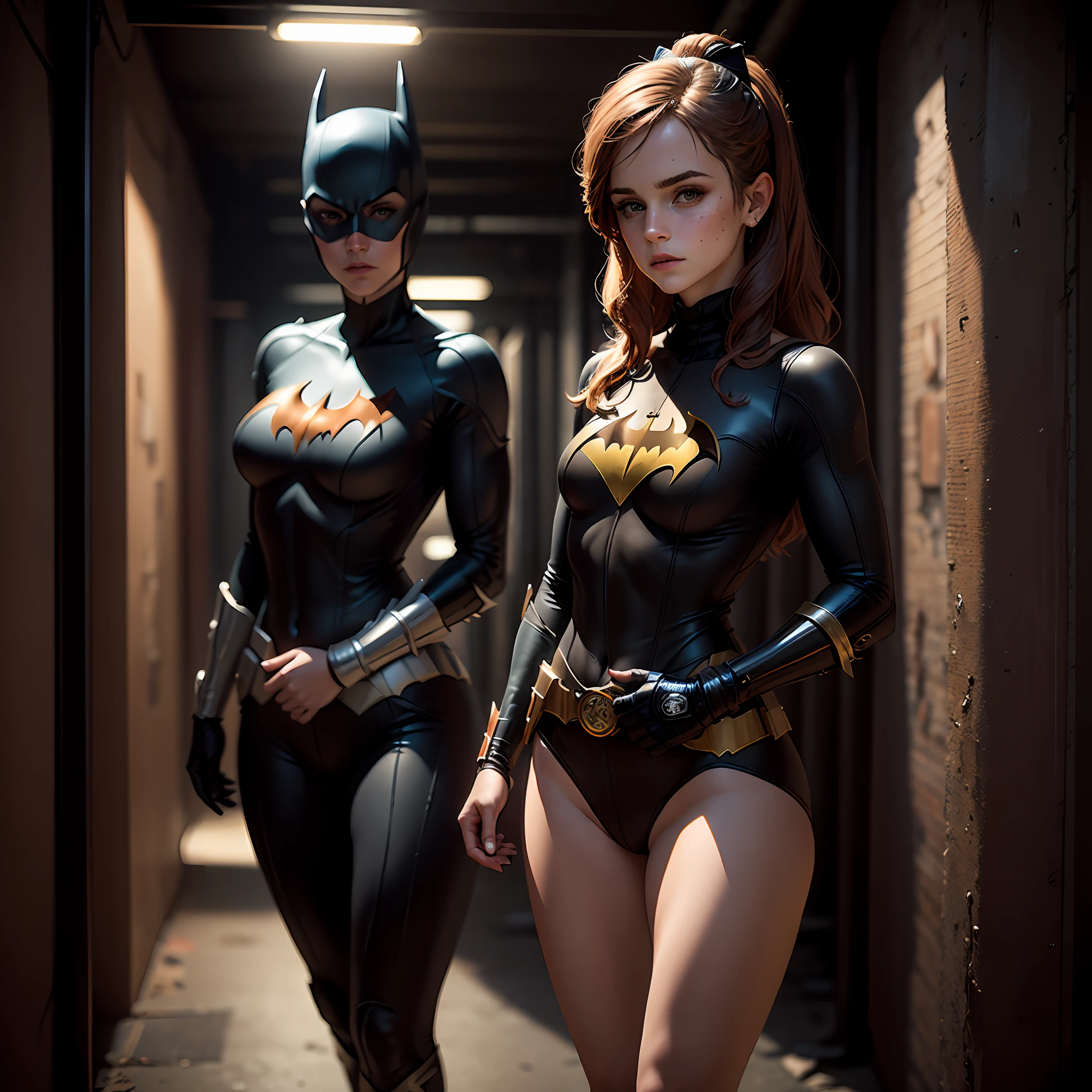 teen emma watson cosplaying as batgirl. freckles. tight intricate costume. standing. sharp focus, cinematic lighting. slender and athletic figure. dark warehouse. night.